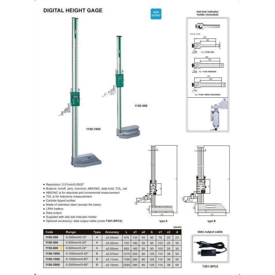 Insize Digital Height Gauge  0-600mm / 0-24" Range Series 1150-600