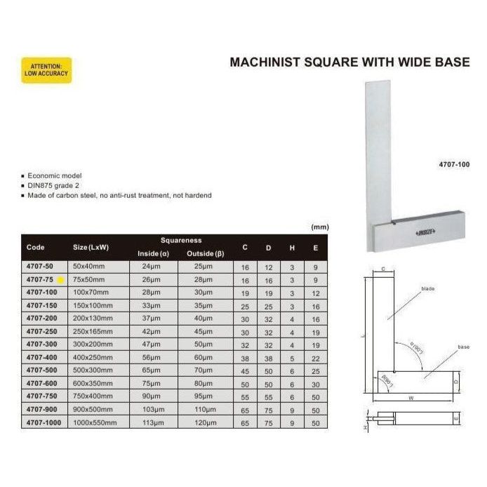 Insize Machinist Square 75x50mm Range Series 4707-75