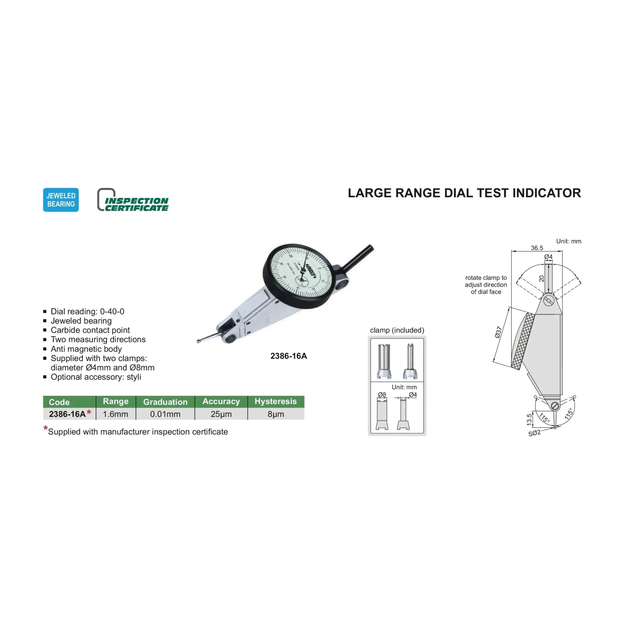 Insize Large Range Dial Test Indicator Range Series 2386-16A - Twin Eagle Imports