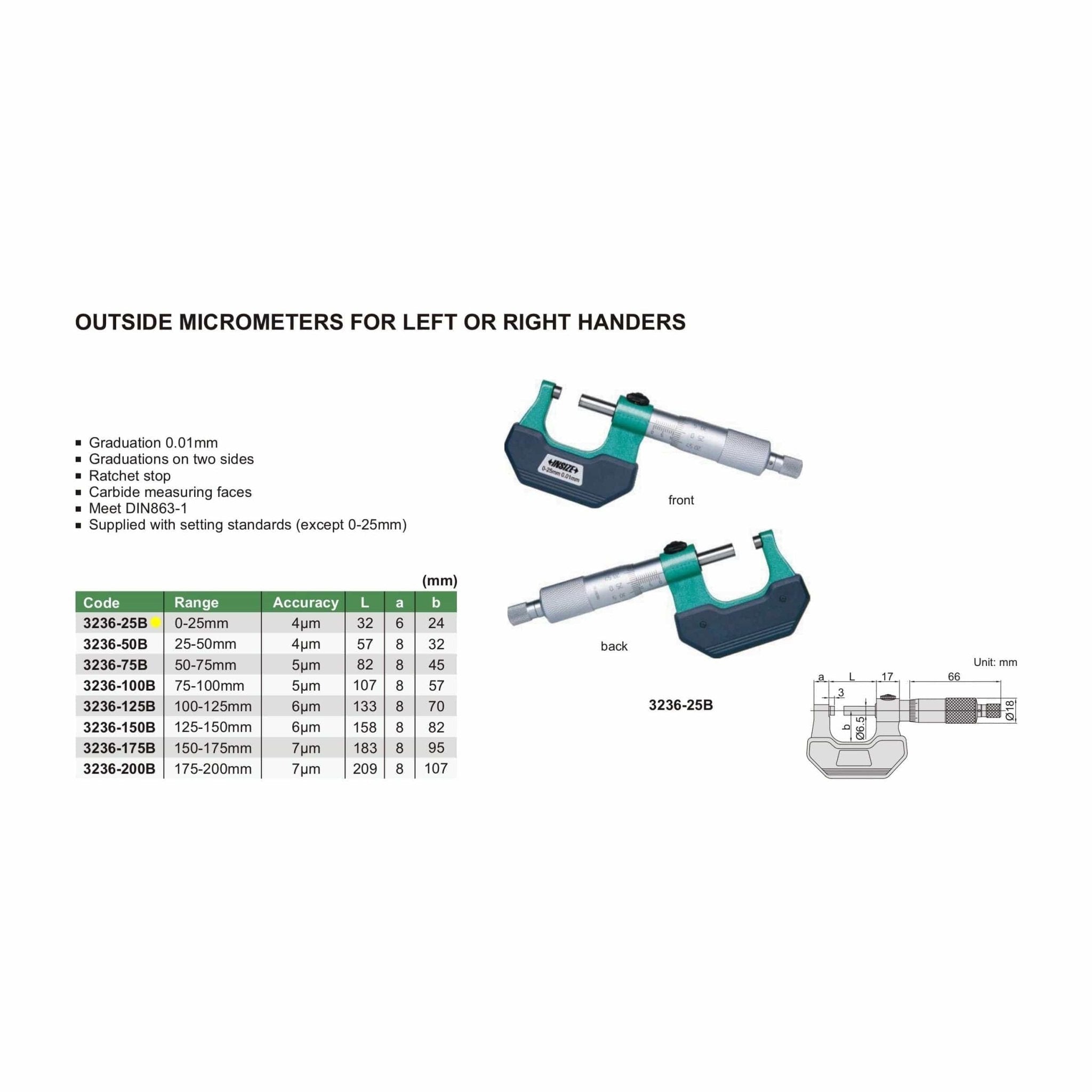 Insize Left Hand/Right Hand Outside Micrometer 0-25mm Range Series 3236-25B - Twin Eagle Imports