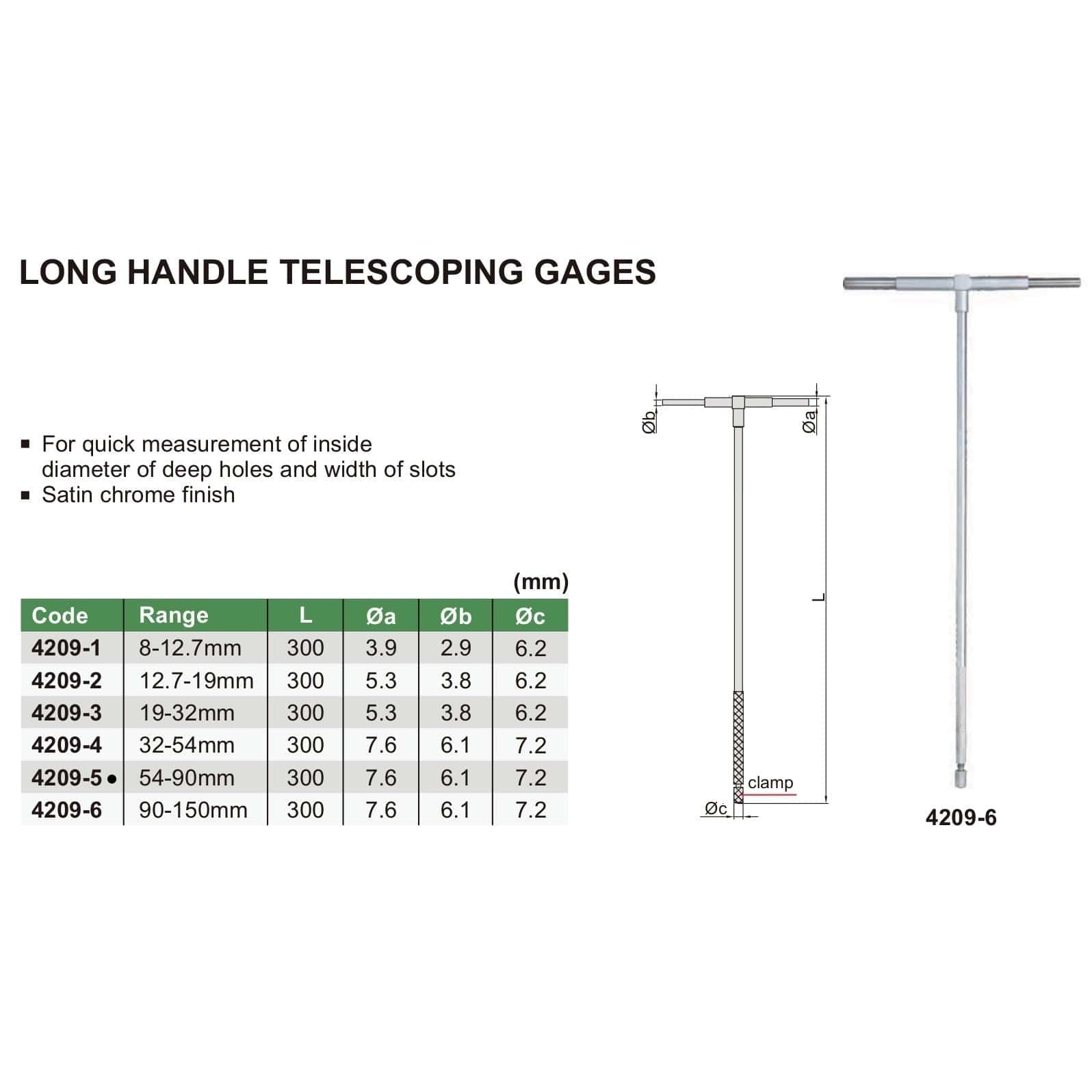 Insize Long Handle Telescopic Gauge 54-90mm Range Series 4209-5 - Twin Eagle Imports