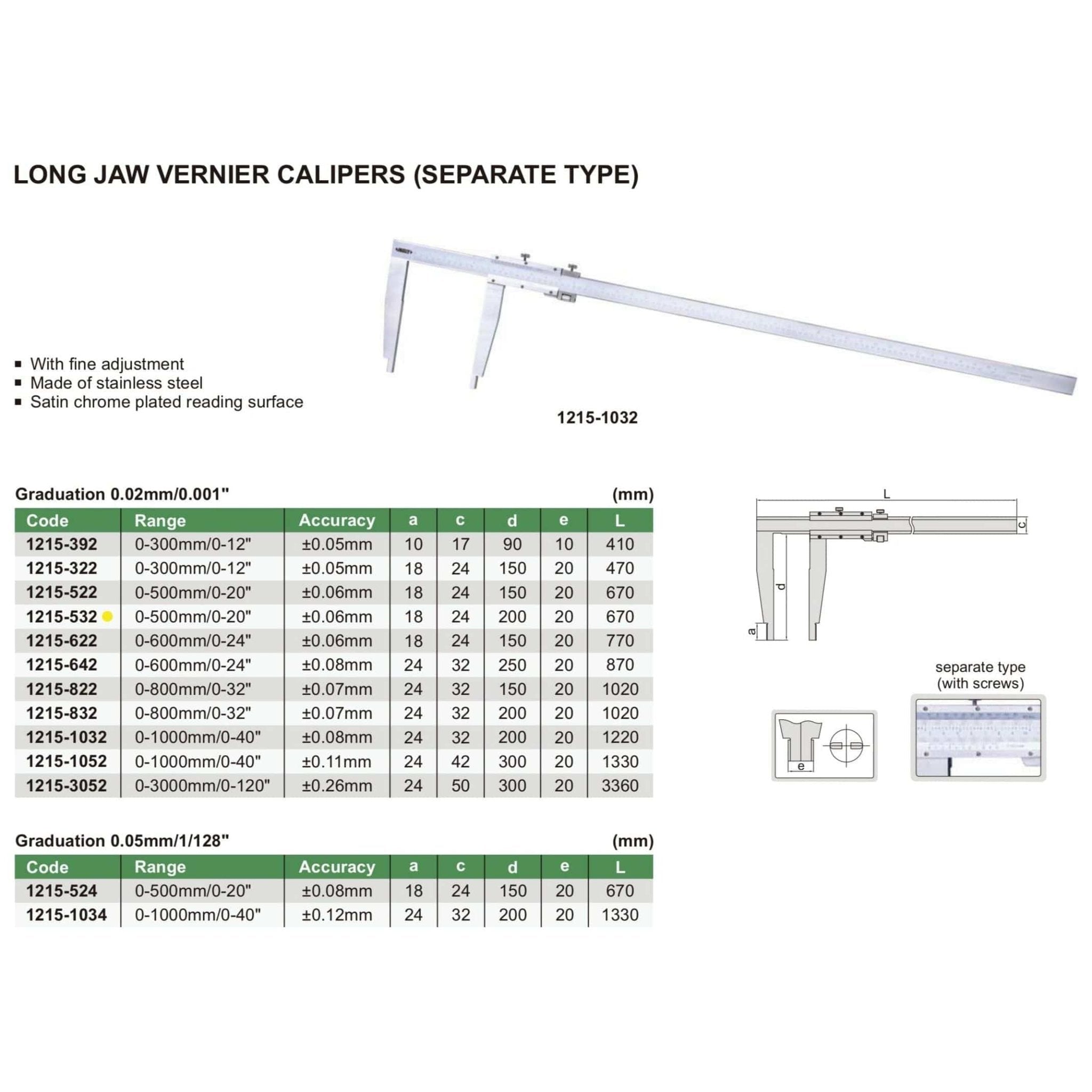 Insize Long Jaw Vernier Caliper 0-500mm/0-20" Range Series 1215-532 - Twin Eagle Imports