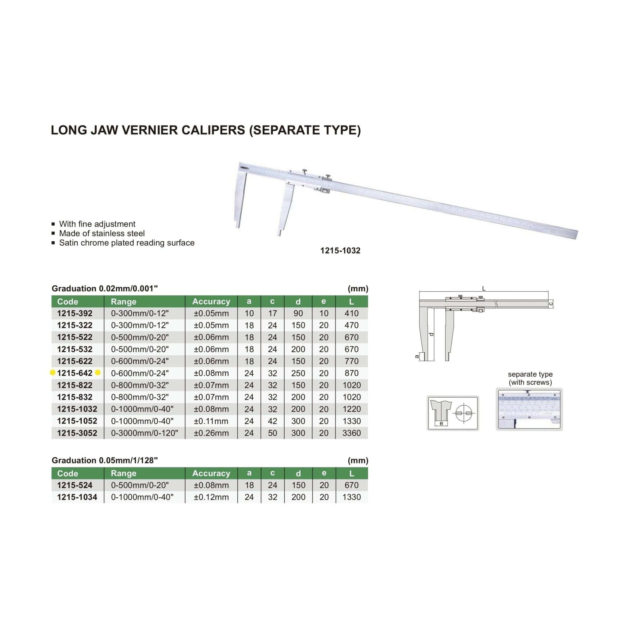 Insize Long Jaw Vernier Caliper 0-600mm/0-24" Range Series 1215-642 - Twin Eagle Imports
