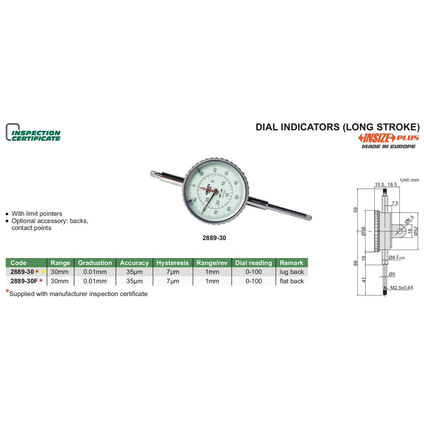 Insize Long Stroke Dial Indicator 30mm Range Series 2889-30 - Twin Eagle Imports