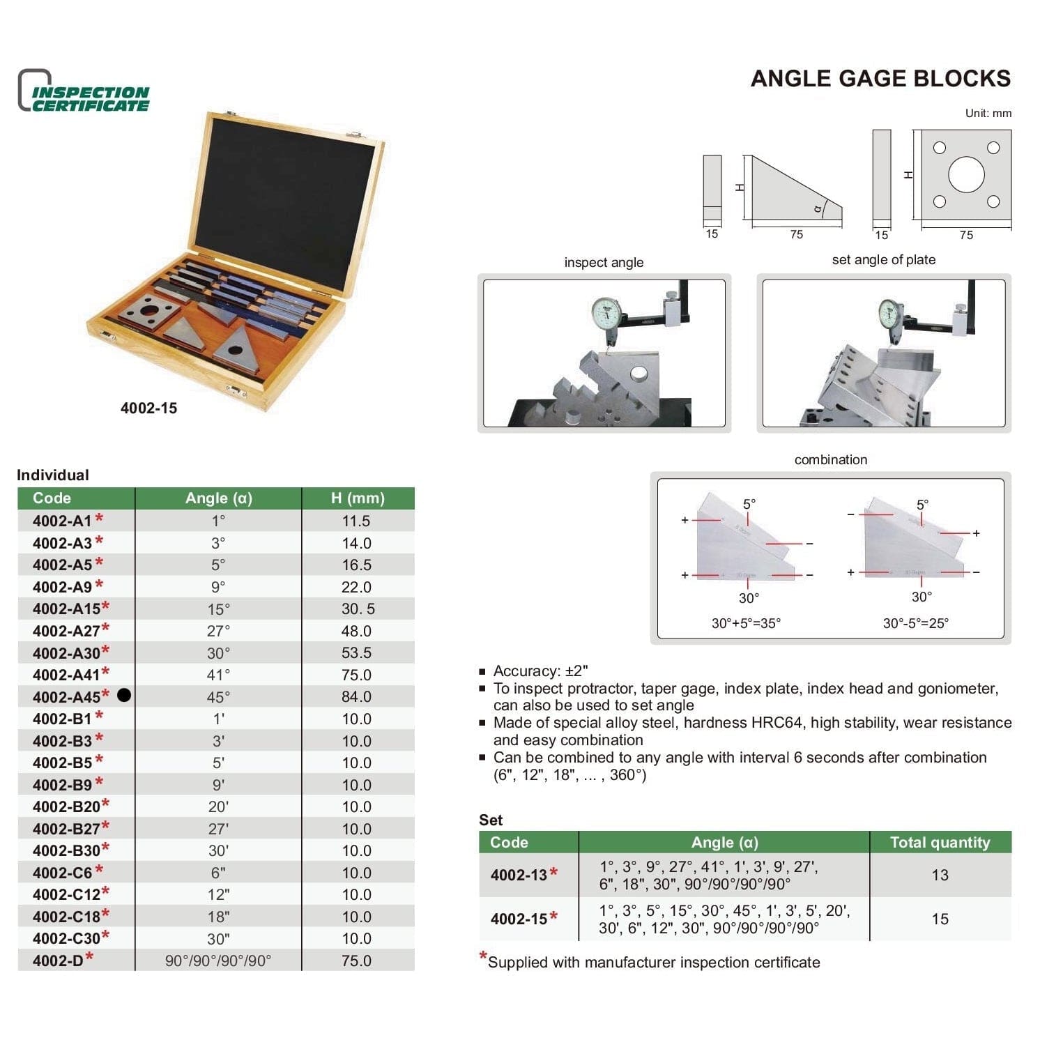 INSIZE MEASURING EQUIPMENT Insize 45° Angle Gauge Blocks 84mm Range Series 4002-A45