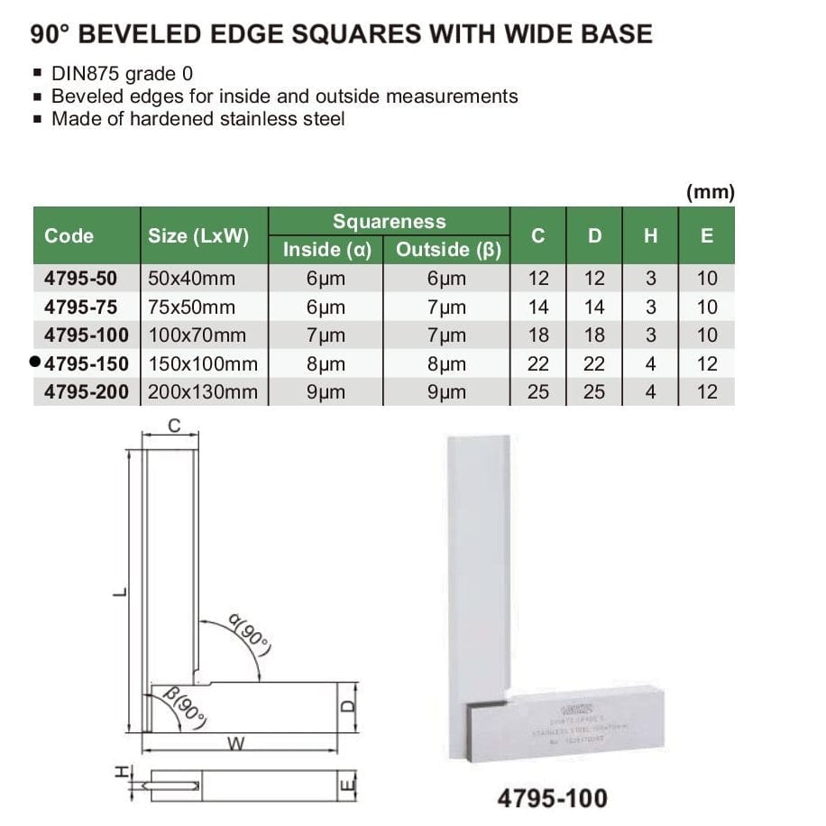 INSIZE Measuring Equipment Insize 90° Bevelled Edge Square 150x100mm Range Series 4795-150