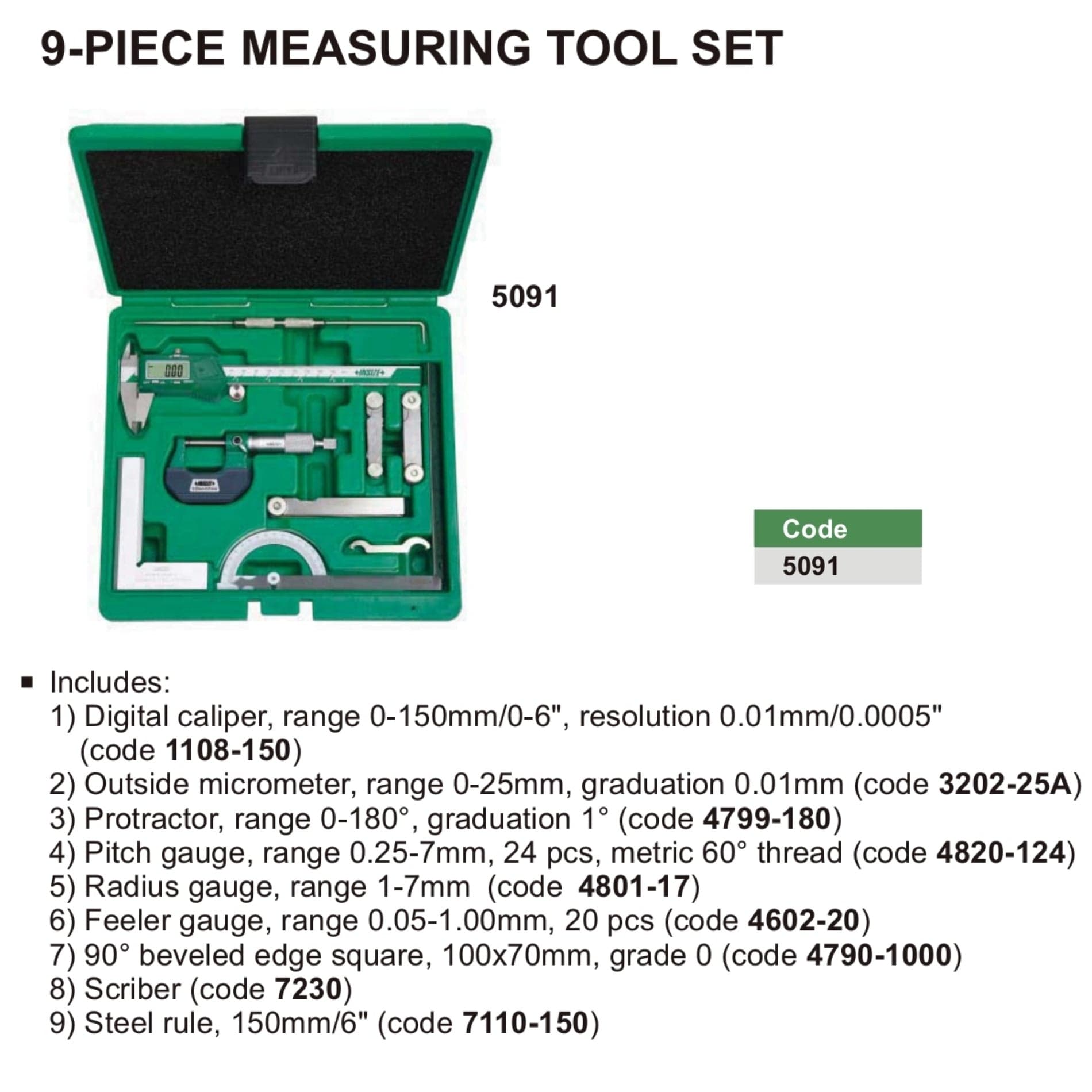 INSIZE Measuring Equipment Insize 9pc Measuring Tool Set Series 5091