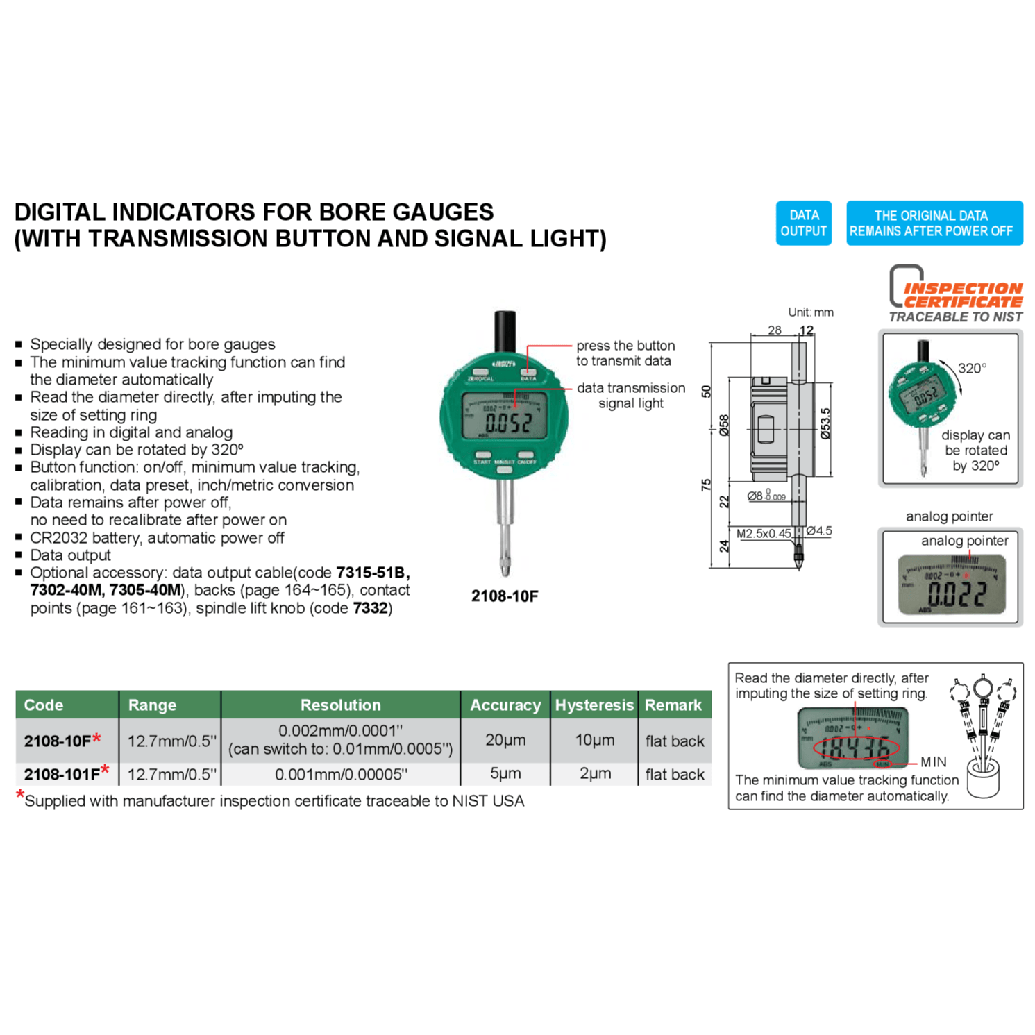 INSIZE Measuring Equipment Insize Bore Gauge Digital Indicator 12.7mm/0.5" Range Series 2108-101F