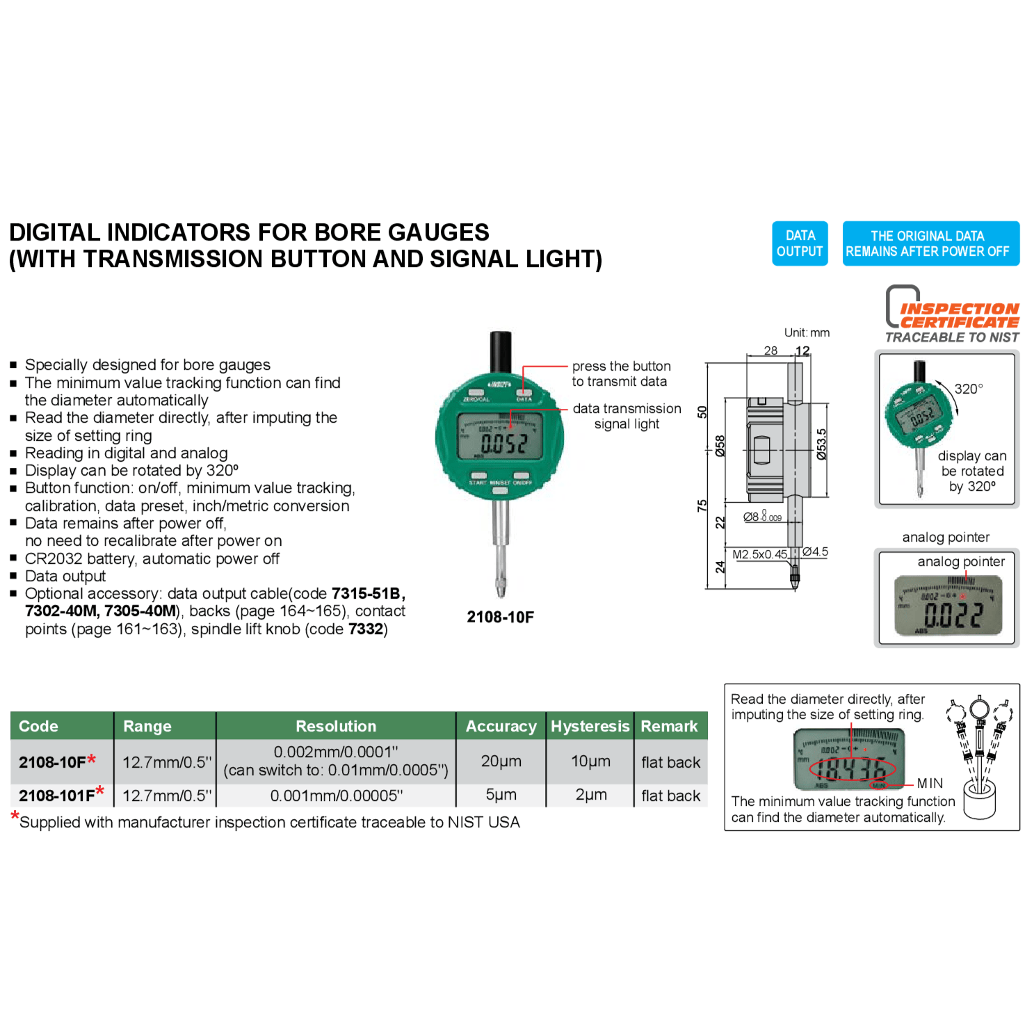 INSIZE Measuring Equipment Insize Bore Gauge Digital Indicator 12.7mm/0.5" Range Series 2108-10F