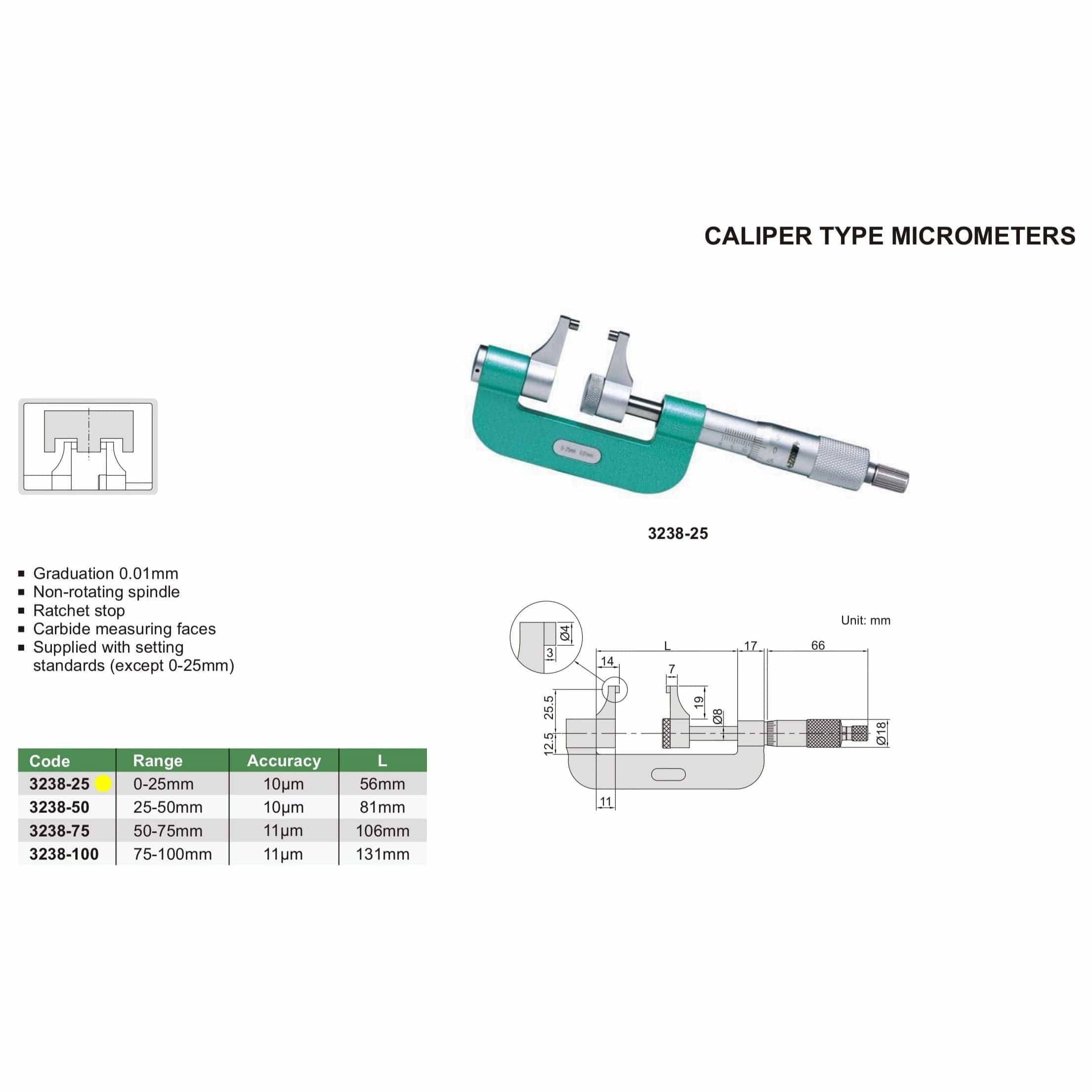 INSIZE Measuring Equipment Insize Caliper Type Micrometer 0-25mm Range Series 3238-25