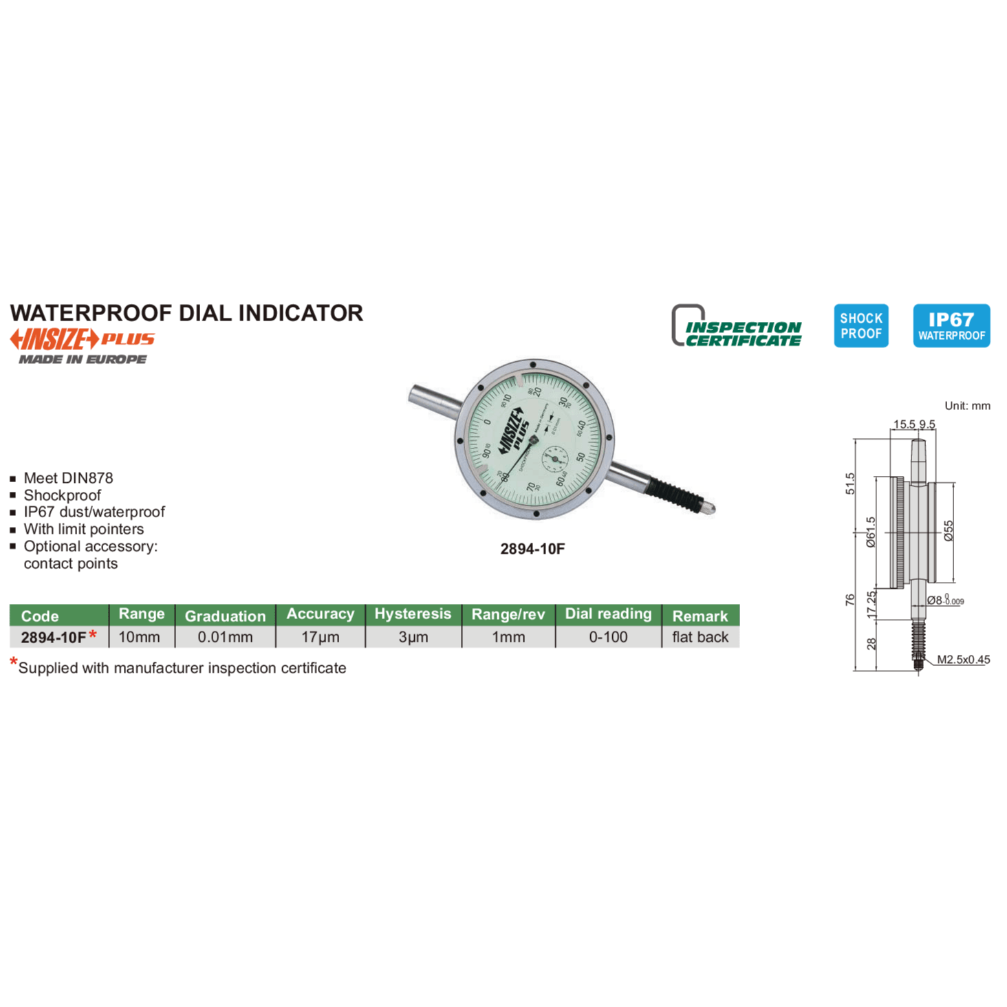 INSIZE Measuring Equipment Insize Dial Indicator 10mm Range Series 2894-10F