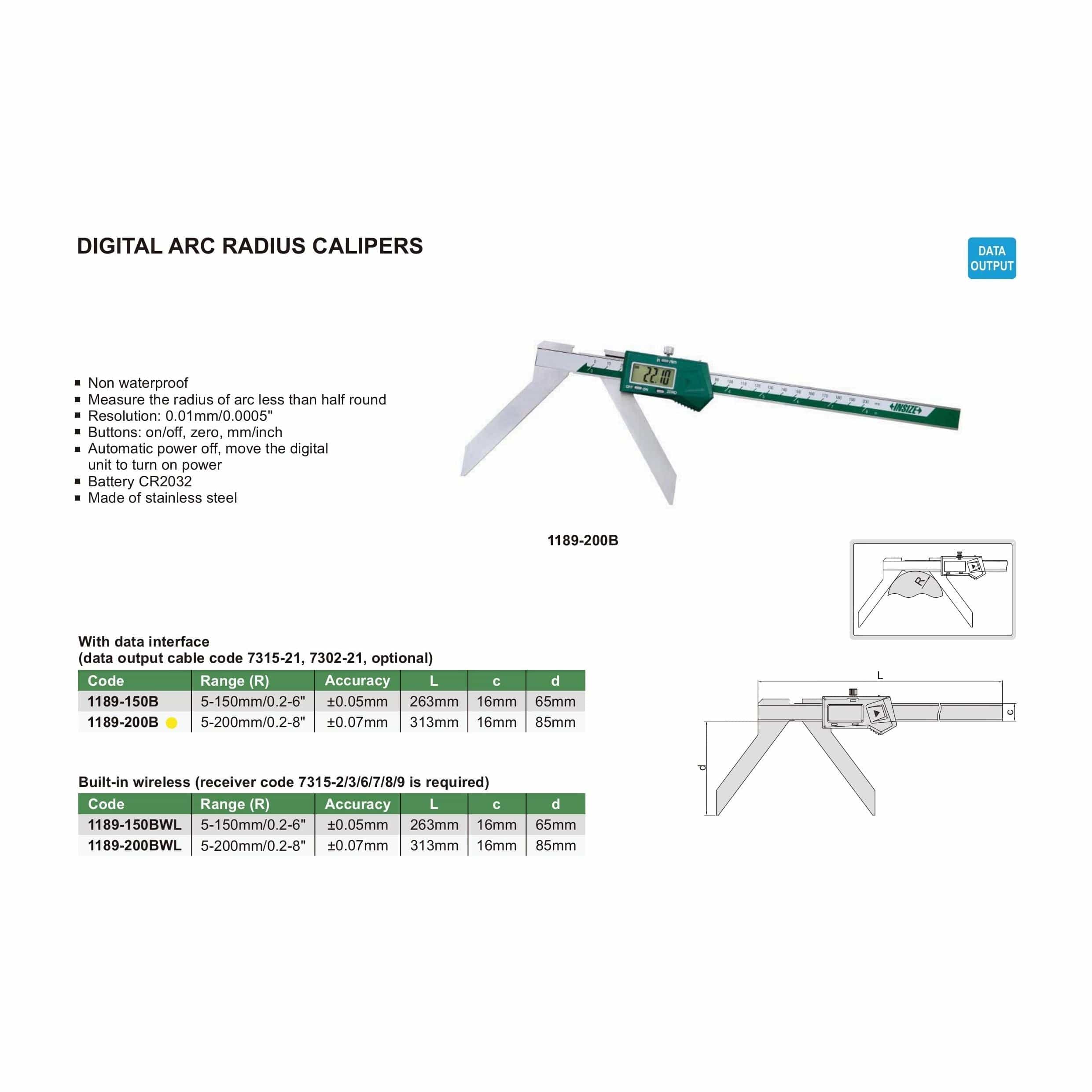 INSIZE Measuring Equipment Insize Digital Arc Radius Caliper 5-200mm/0.2-8" Range Series 1189-200B