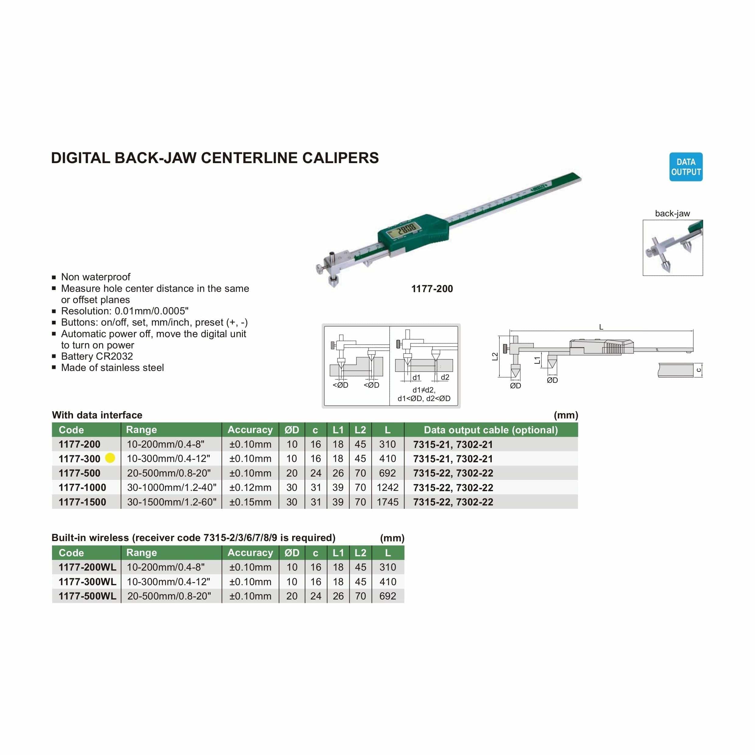 INSIZE Measuring Equipment Insize Digital Back-Jaw Caliper 10-300mm/0.4-12" Range Series 1177-300