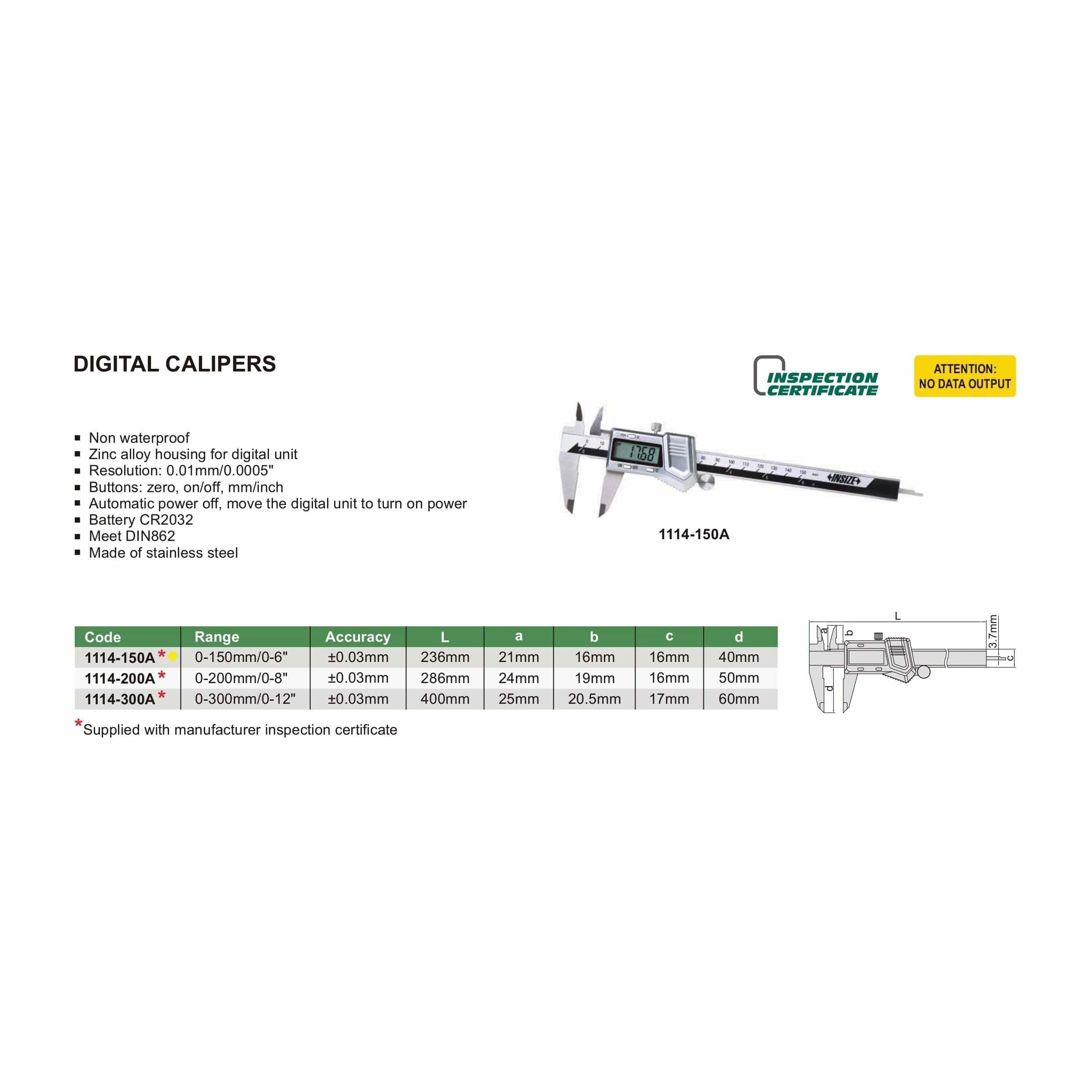 INSIZE Measuring Equipment Insize Digital Caliper 0-150mm/0-6" Range Series 1114-150A