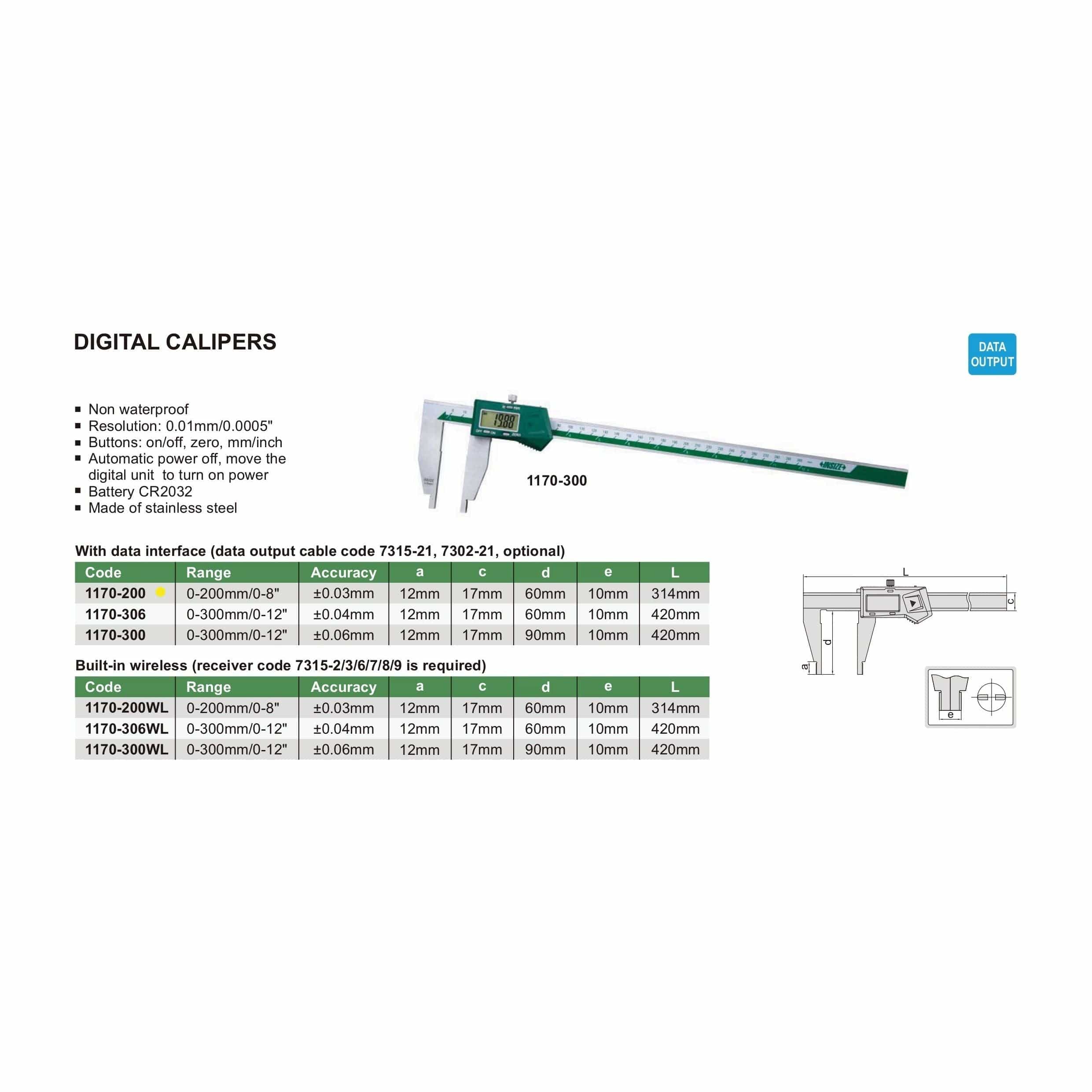 INSIZE Measuring Equipment Insize Digital Caliper 0-200mm/0-8" Range Series 1170-200