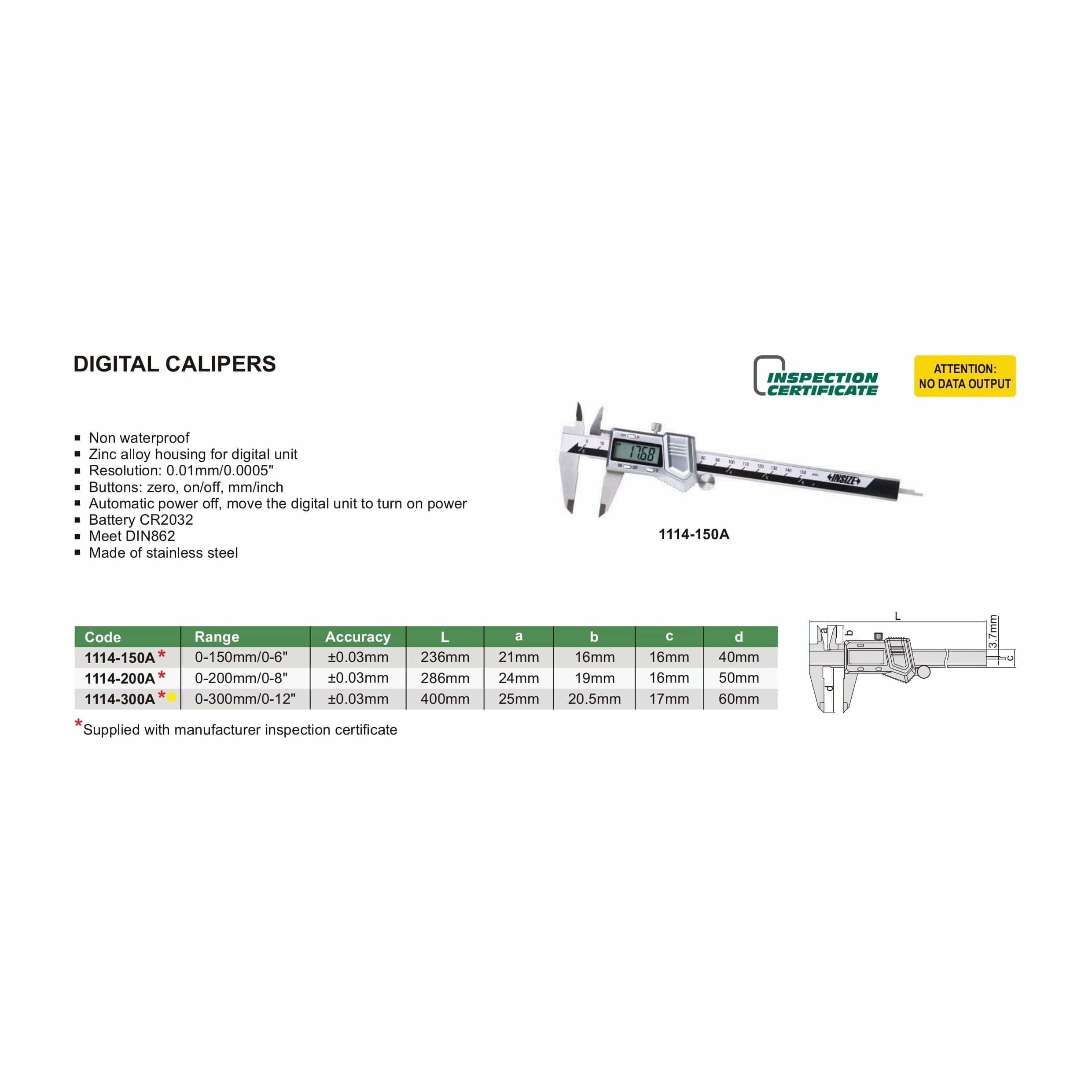 INSIZE Measuring Equipment Insize Digital Caliper 0-300mm/0-12" Range Series 1114-300A