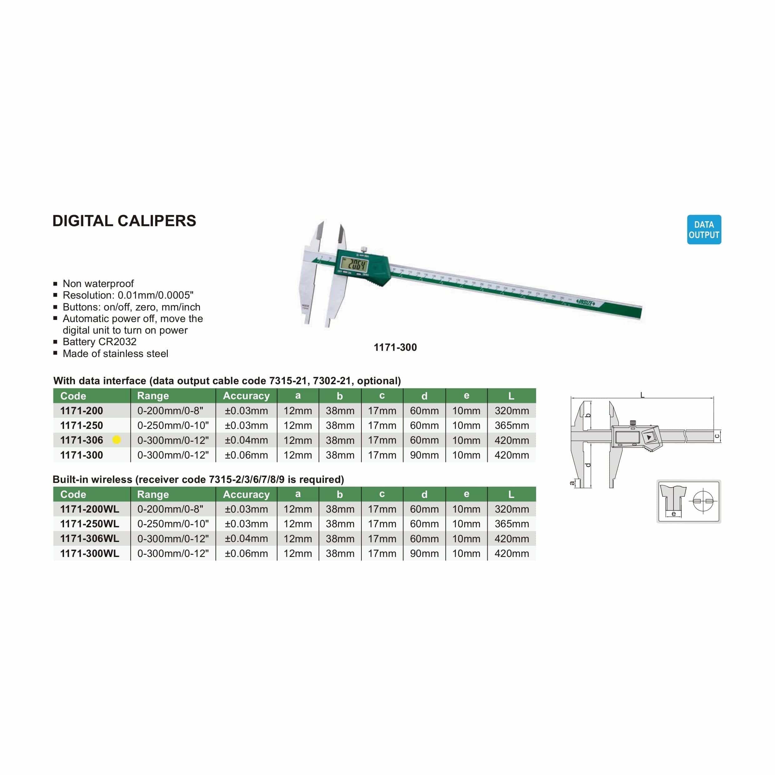 INSIZE Measuring Equipment Insize Digital Caliper 0-300mm/0-12" Range Series 1171-306