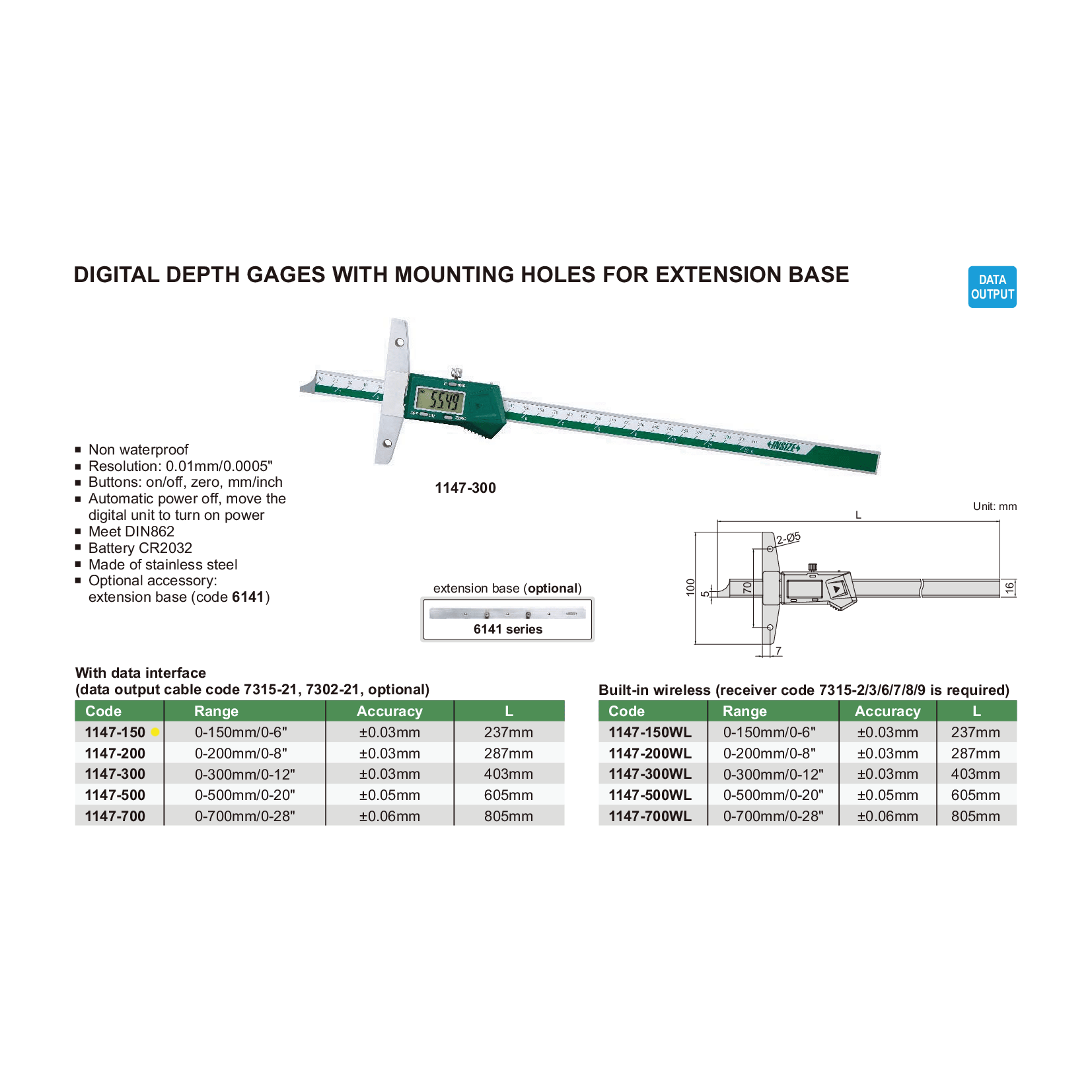 INSIZE Measuring Equipment Insize Digital Depth Gauge 0-150mm / 0-6" Range Series 1147-150