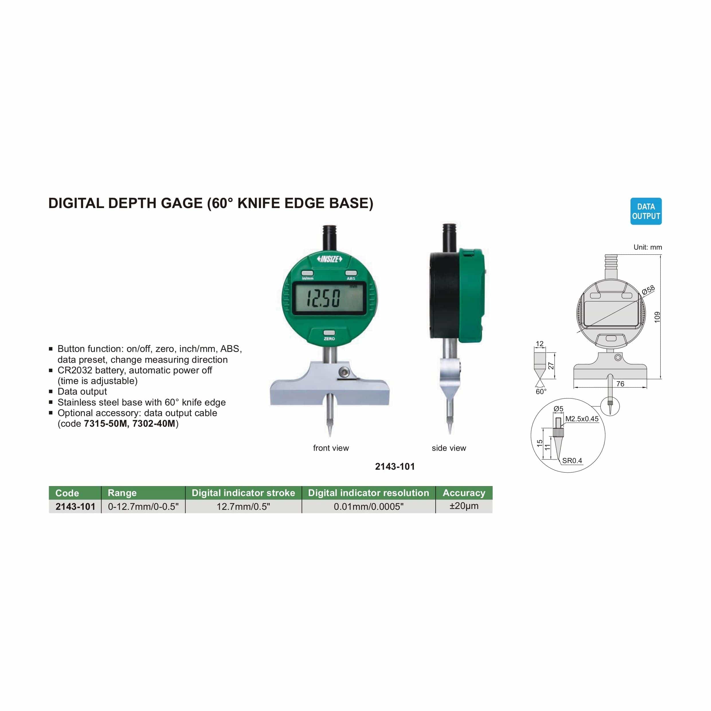 INSIZE Measuring Equipment Insize Digital Depth Gauge (60° Knife Edge Base) Range Series 2143-101