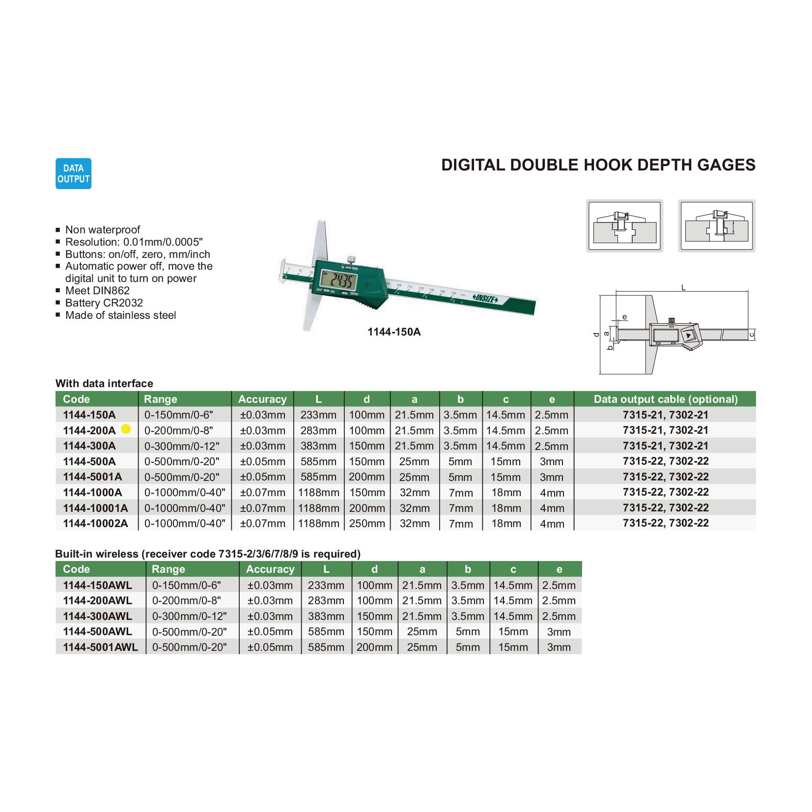 INSIZE Measuring Equipment Insize Digital Double Hook Depth Gauge 0-200mm / 0-8" Range Series 1144-200A