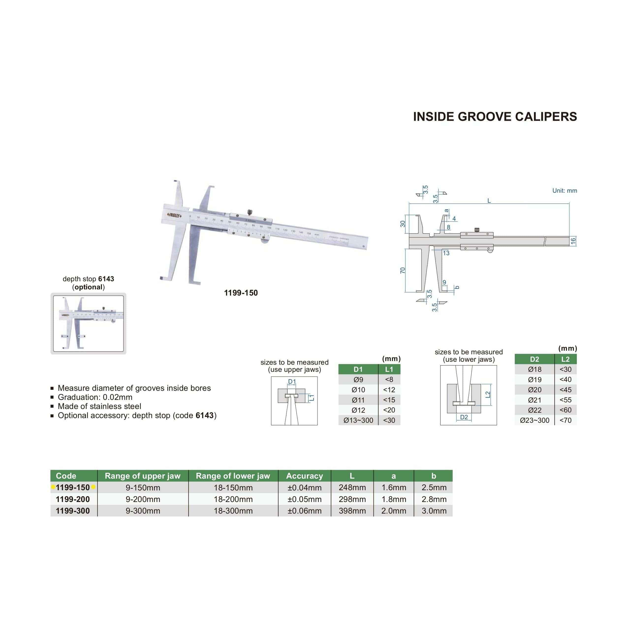 INSIZE Measuring Equipment Insize Digital Groove Caliper 11-150mm Range Series 1199-150