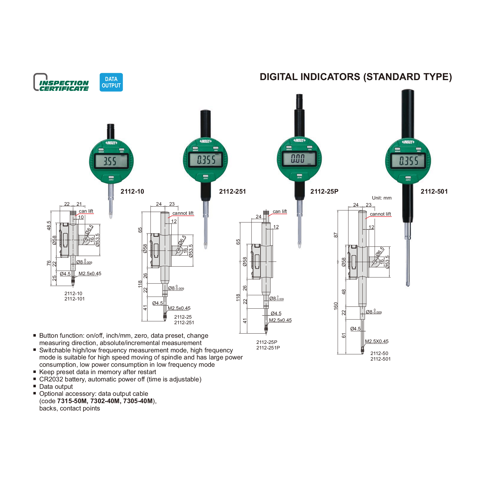 INSIZE Measuring Equipment Insize Digital Indicator 50.8mm/2" Range Series 2112-50