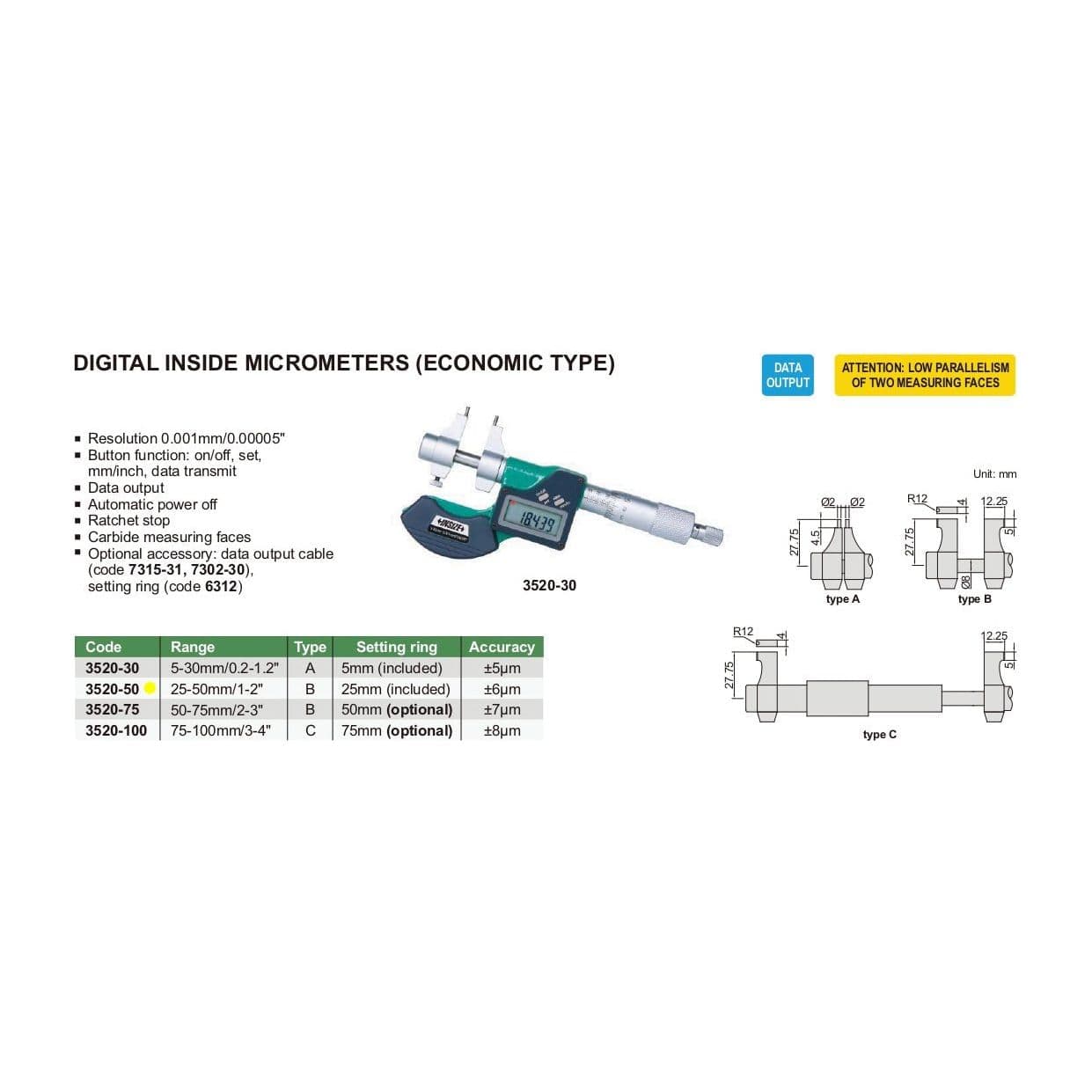 INSIZE Measuring Equipment Insize Digital Inside Micrometer 25-50mm/1-2" Range Series 3520-50