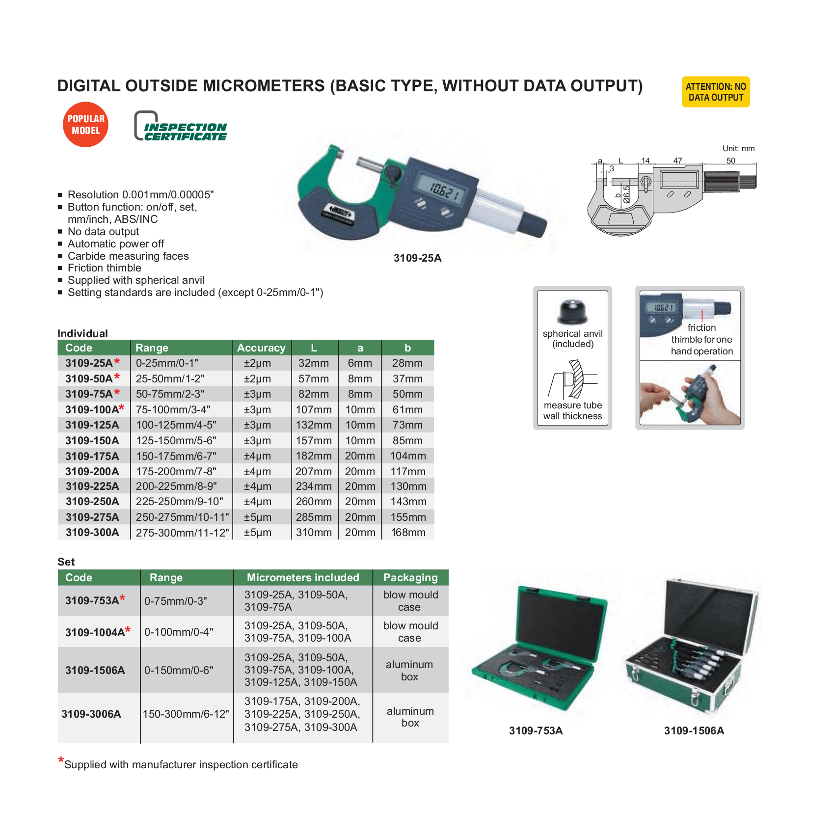 INSIZE MEASURING EQUIPMENT Insize Digital Outside Micrometer 200–225 mm Range Series 3109-225A