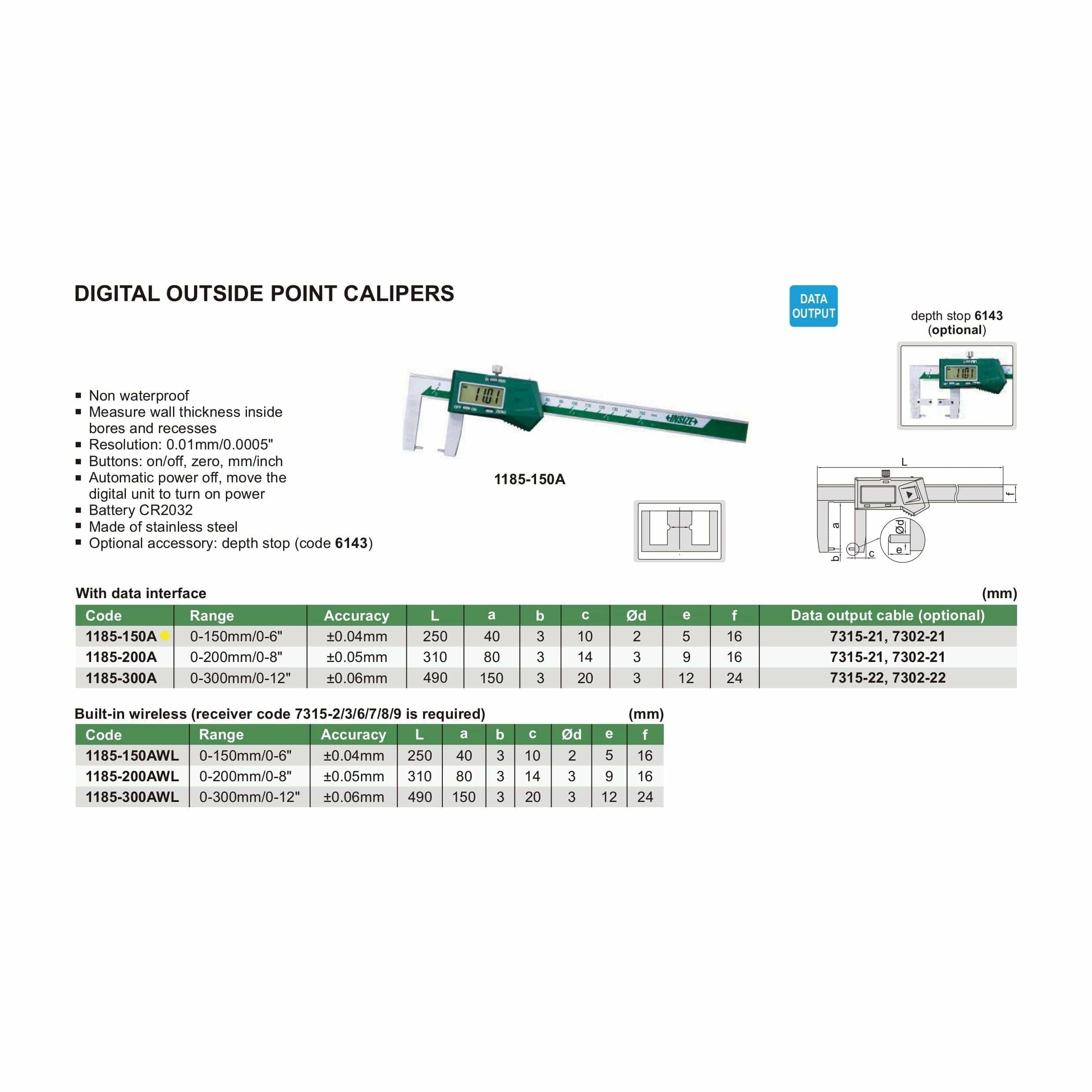 INSIZE Measuring Equipment Insize Digital Outside Point Caliper 0-150mm/0-6" Range Series 1185-150A