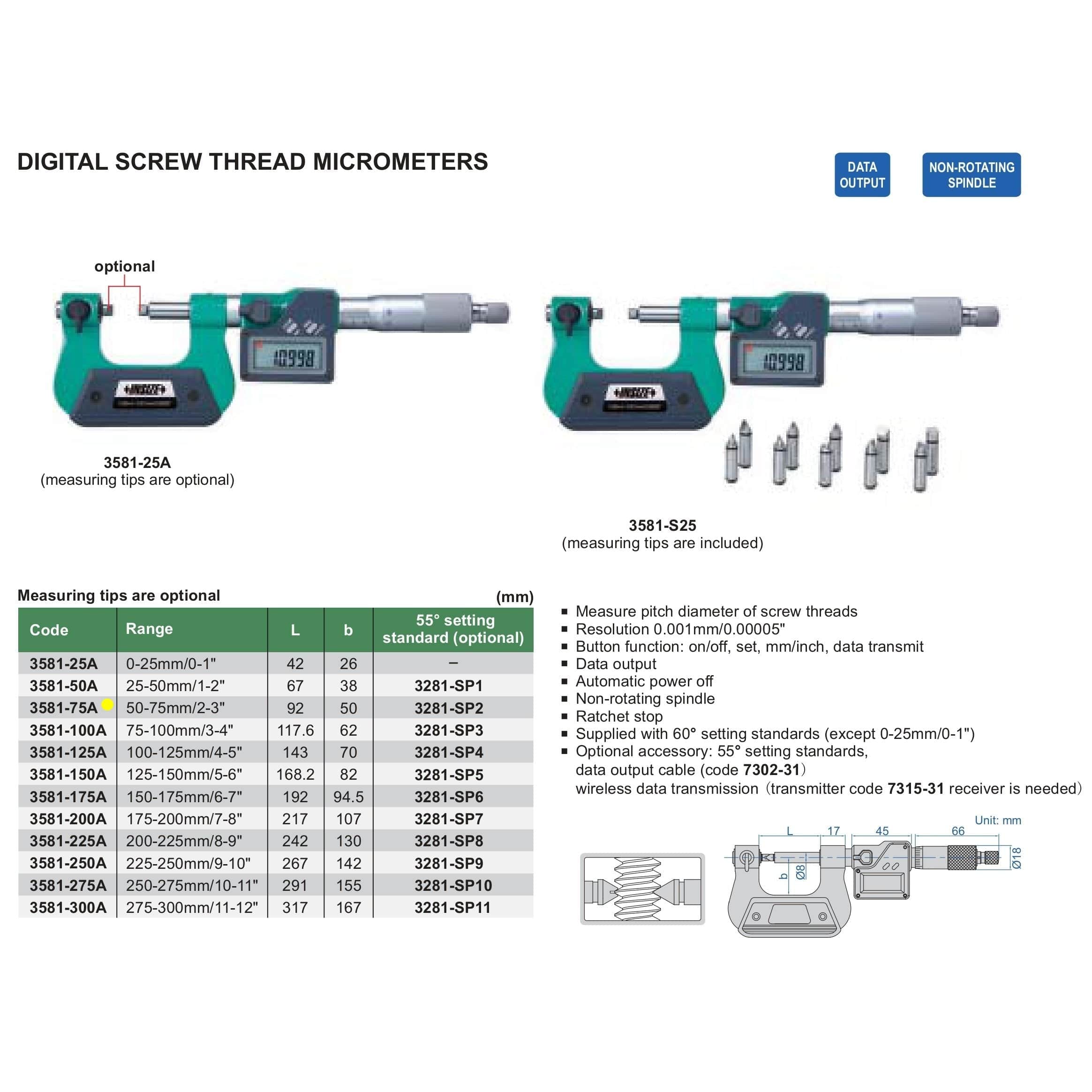 INSIZE Measuring Equipment Insize Digital Screw Thread Micrometer 50-75mm/2-3" Range Series 3581-75A