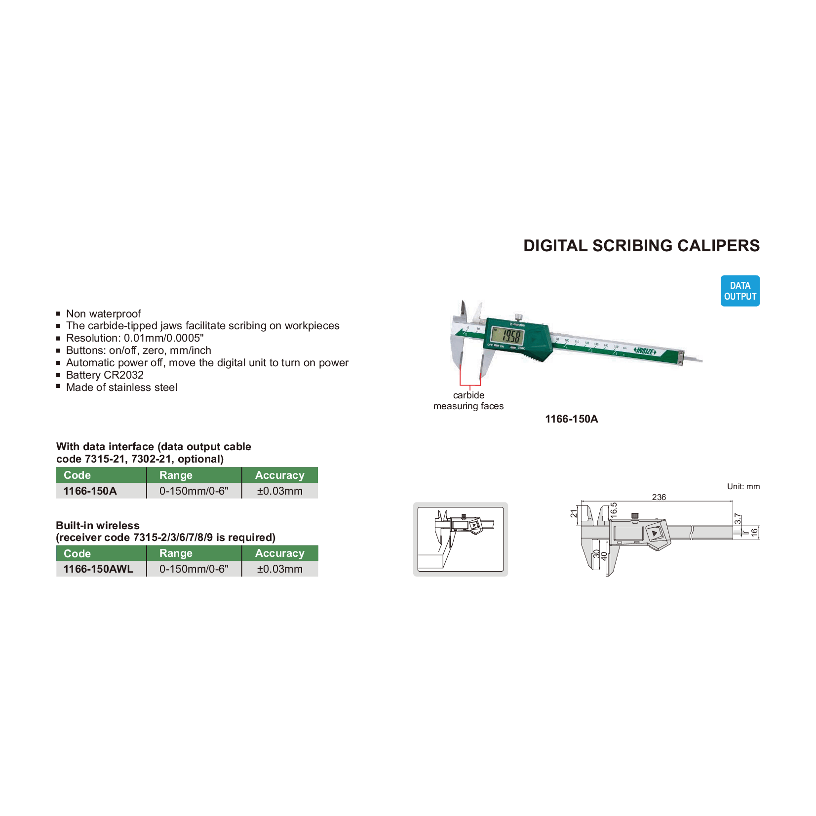 INSIZE Measuring Equipment Insize Digital Scribing Caliper 0-150mm/0-6" Range Series 1166-150A