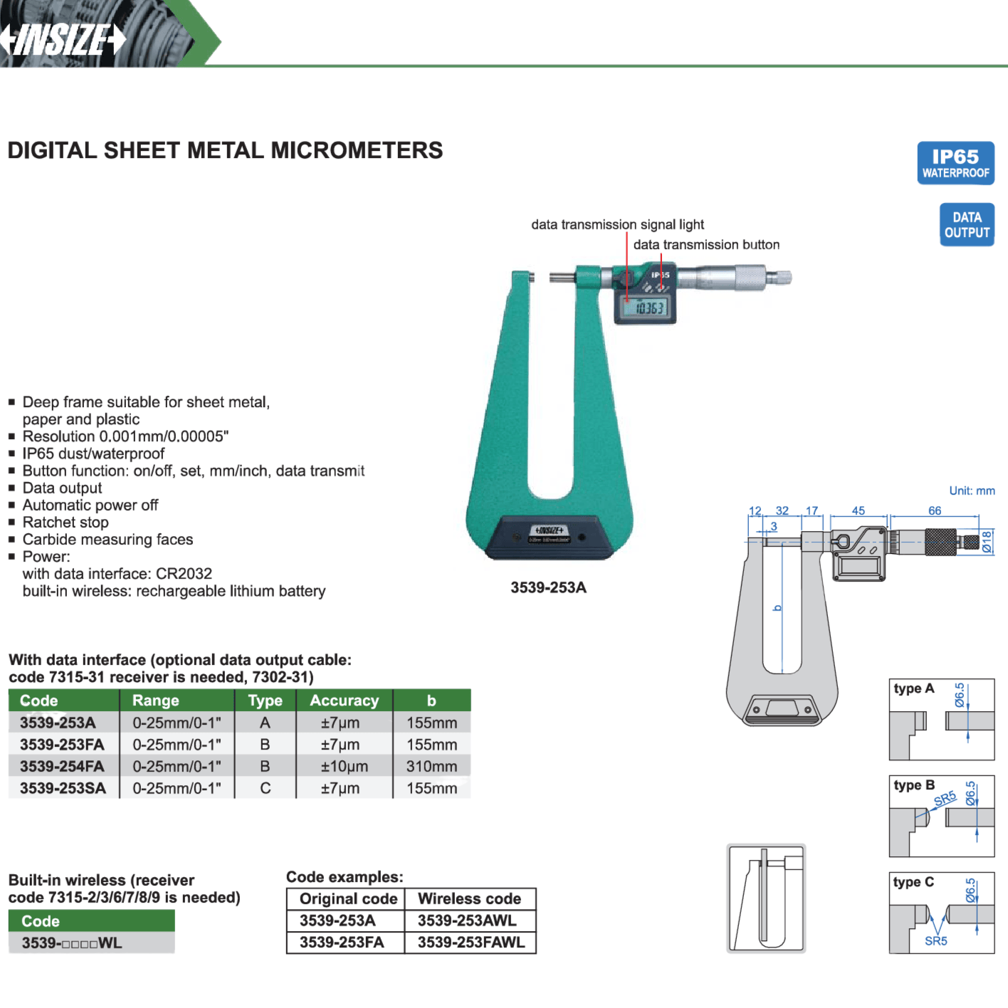 INSIZE Measuring Equipment Insize Digital Sheet Metal Micrometer 0–25 mm / 0–1" Series 3539-253FA