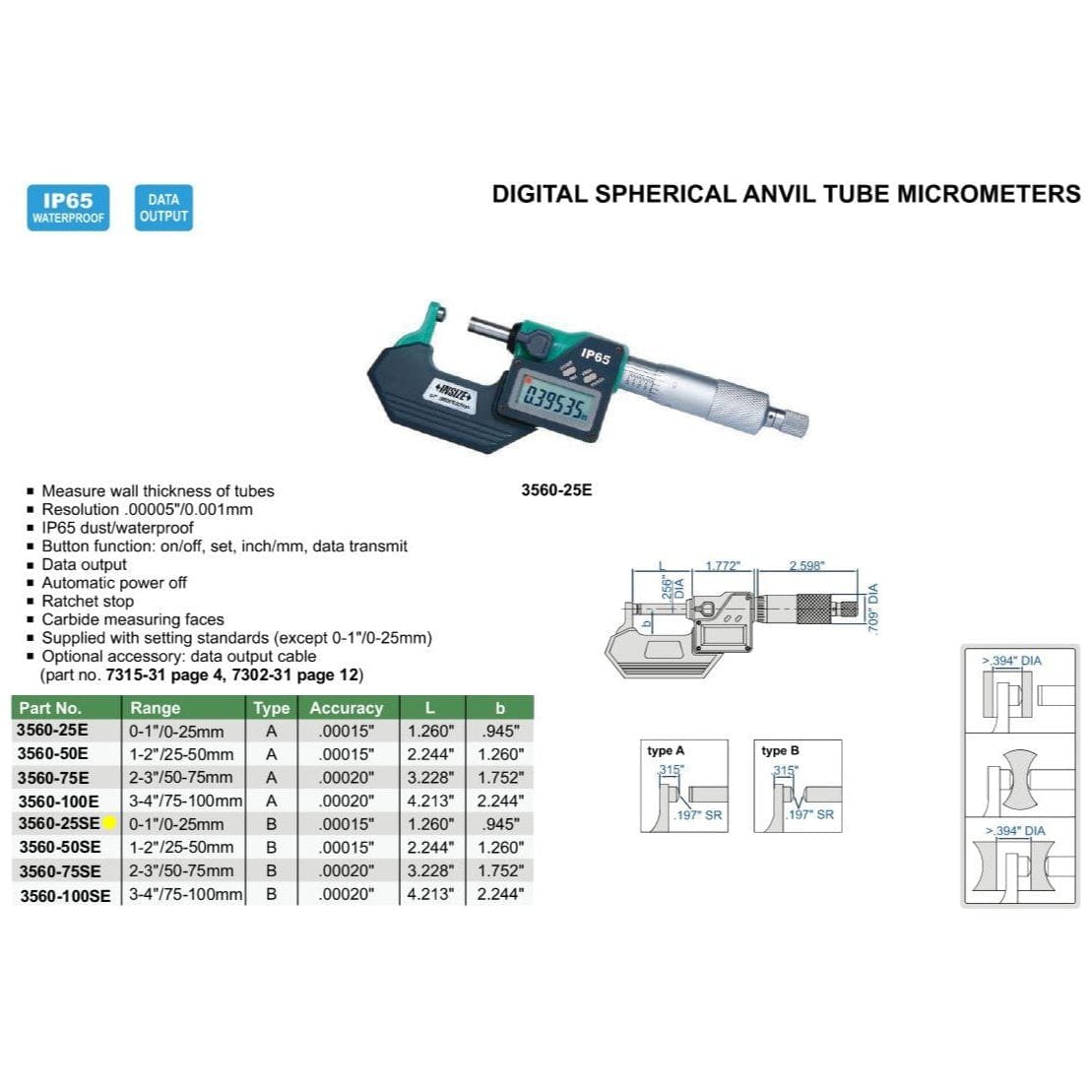 INSIZE Measuring Equipment Insize Digital Spherical Anvil Tube Micrometer 0-25mm/0-1" Range Series 3560-25SE