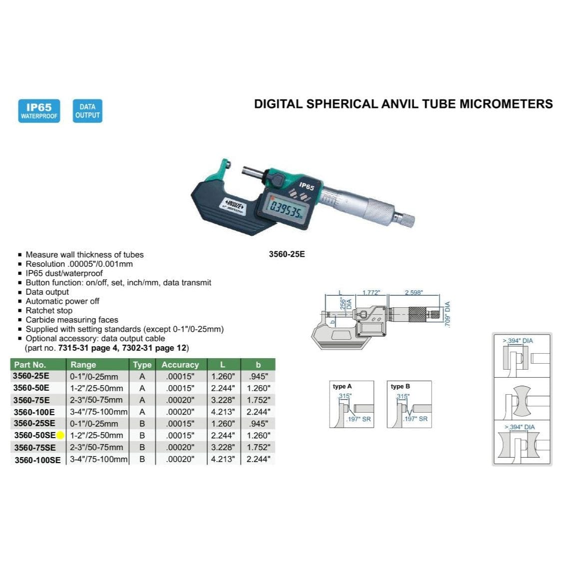 INSIZE Measuring Equipment Insize Digital Spherical Anvil Tube Micrometer 25-50mm/1-2" Range Series 3560-50SE