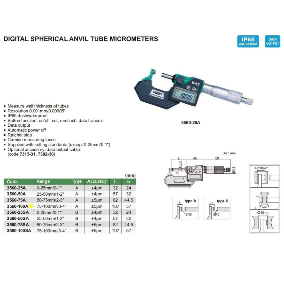 INSIZE Measuring Equipment Insize Digital Spherical Anvil Tube Micrometer 75-100mm/3-4" Range Series 3560-100A