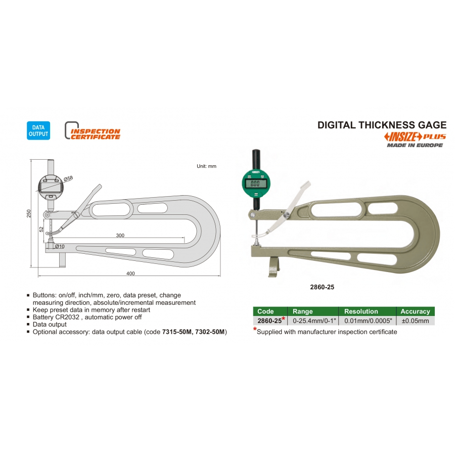 INSIZE Measuring Equipment Insize Digital Thickness Gauge 0–25 mm Range Series 2860-25