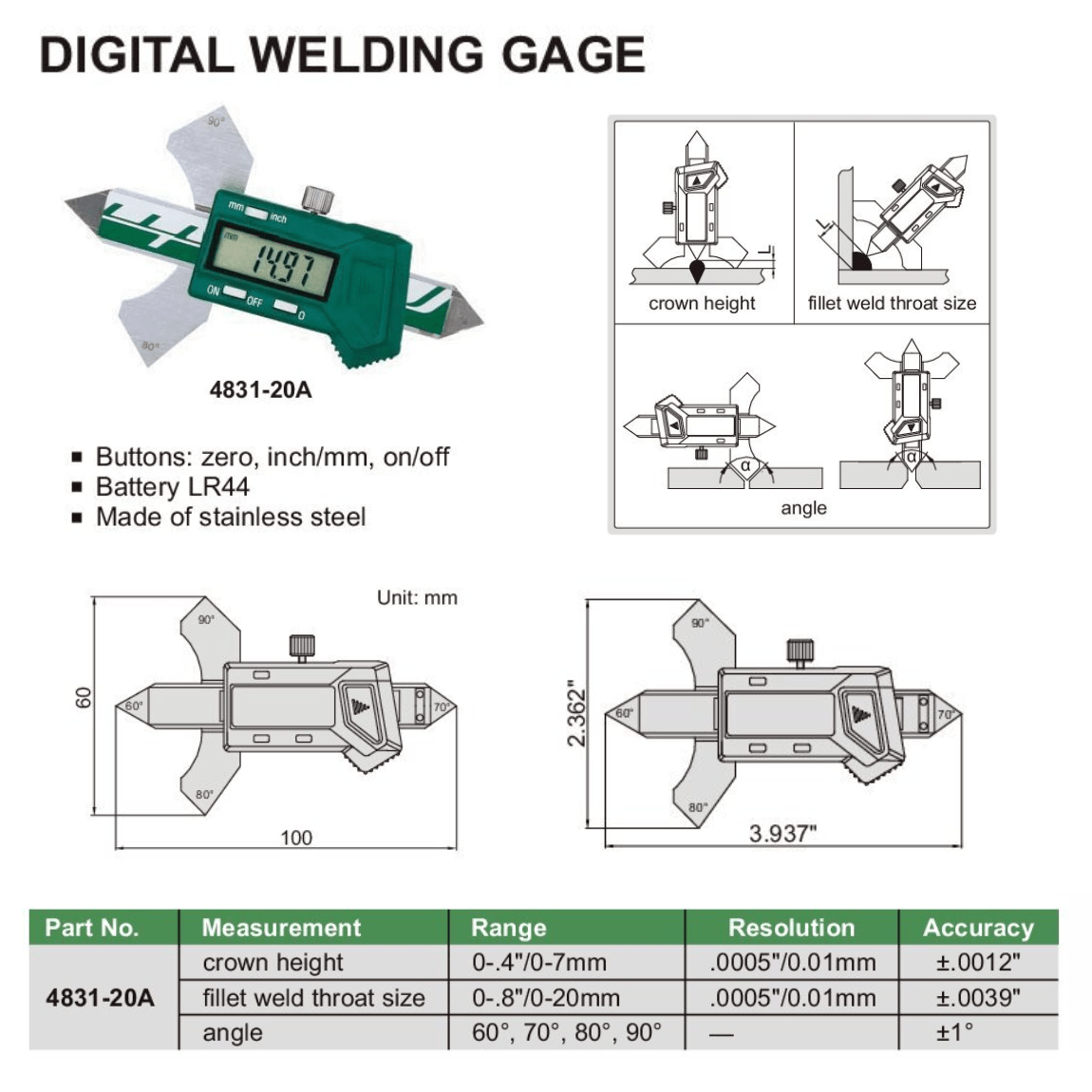 INSIZE Measuring Equipment Insize Digital Welding Gauge 4831-20A