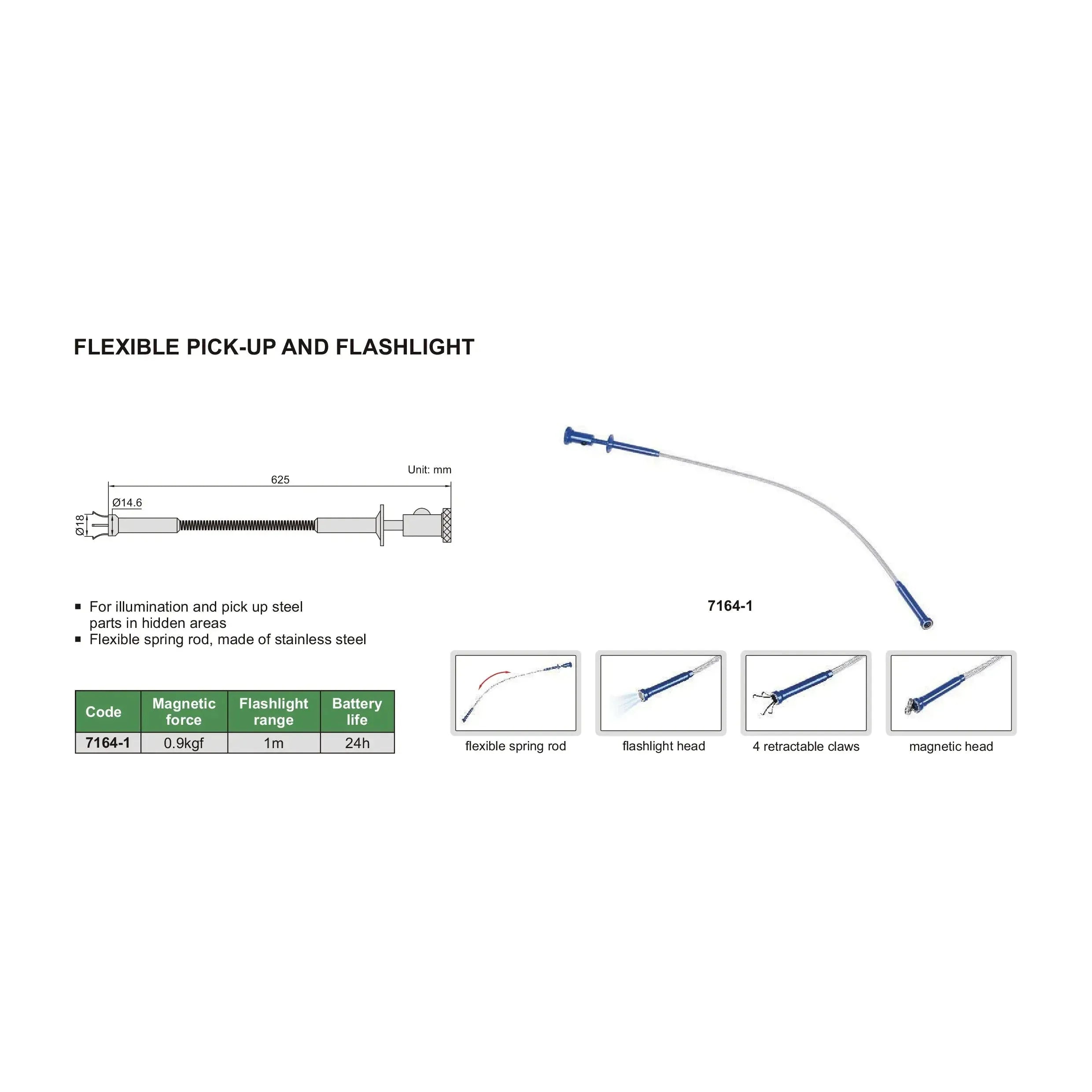 INSIZE MEASURING EQUIPMENT Insize Flexible Pick-Up and Flashlight 625mm Series 7164-1