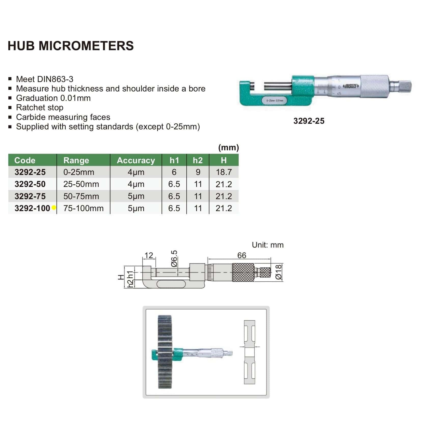 INSIZE Measuring Equipment Insize Hub Micrometer 75-100mm Range Series 3292-100