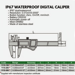 INSIZE Measuring Equipment Insize IP67 Waterproof Digital Caliper 0–200 mm / 0–8″ Series 1115-200