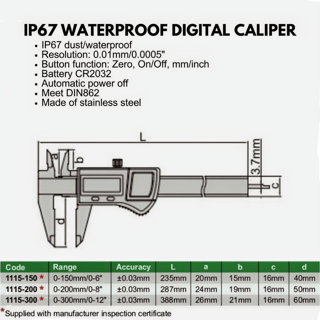 INSIZE Measuring Equipment Insize IP67 Waterproof Digital Caliper 0–300 mm / 0–12″ Series 1115-300