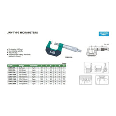 INSIZE MEASURING EQUIPMENT Insize Jaw Type Micrometer 0-25mm Range Series 3283-25A