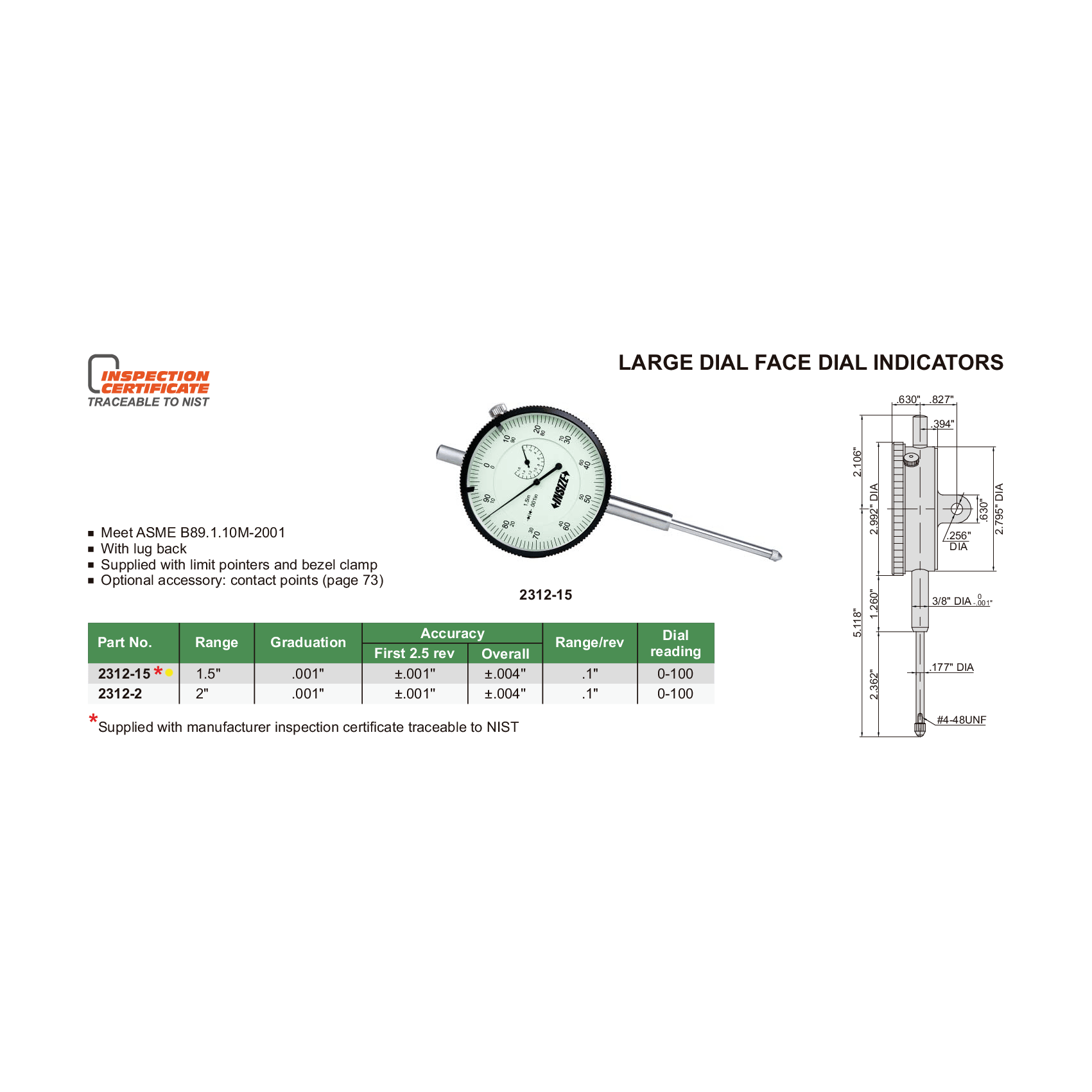 INSIZE Measuring Equipment Insize Large Face Dial Indicator Range Series 2312-15