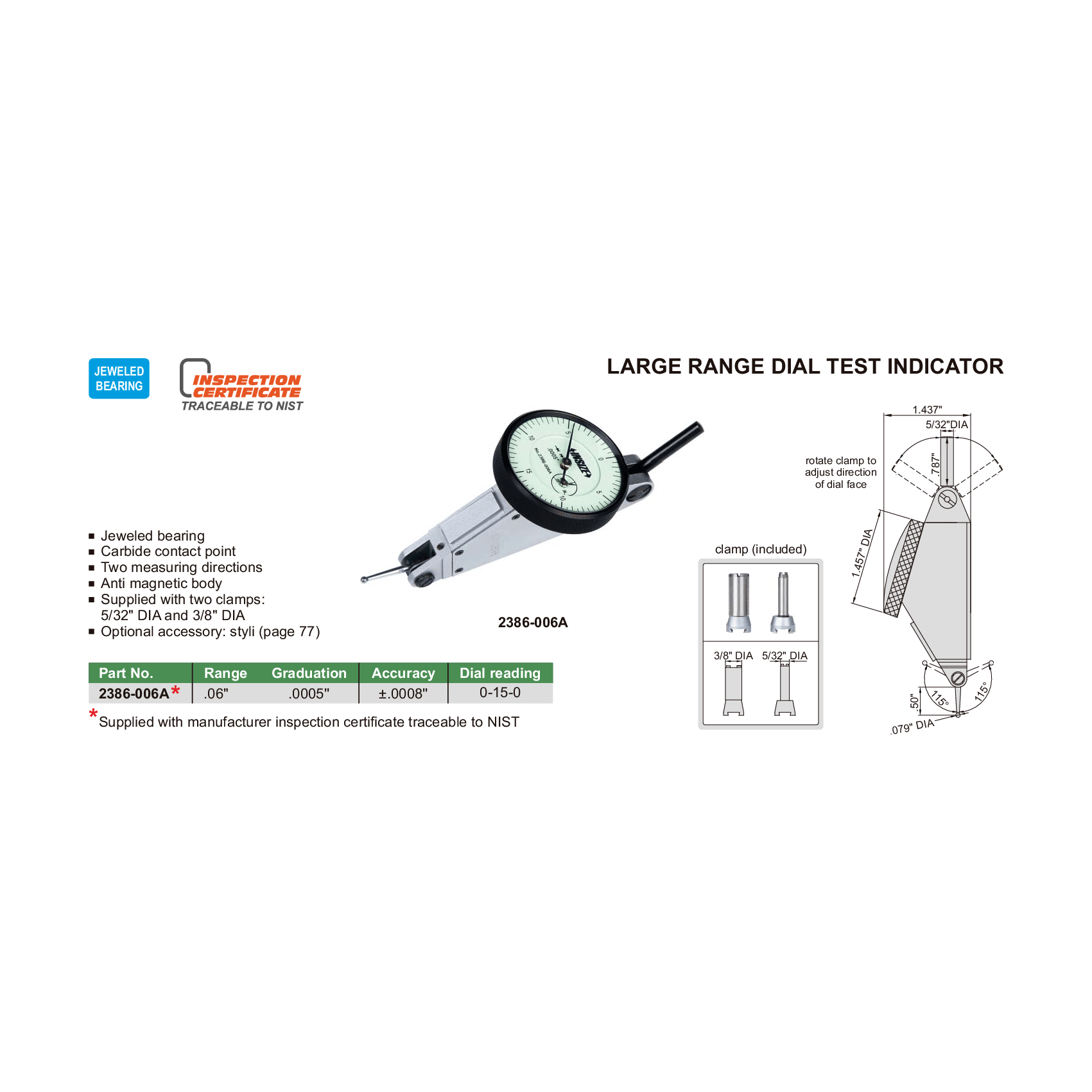 INSIZE Measuring Equipment Insize Large Range Dial Test Indicator 0-0.06" x 0.0005" Range Series 2386-006A