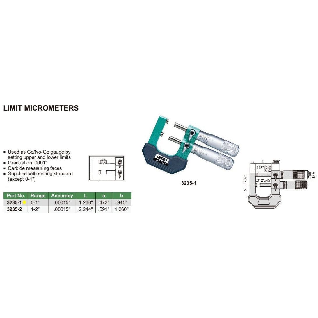 INSIZE Measuring Equipment Insize Limit Micrometer 0-1" Range Series 3235-1