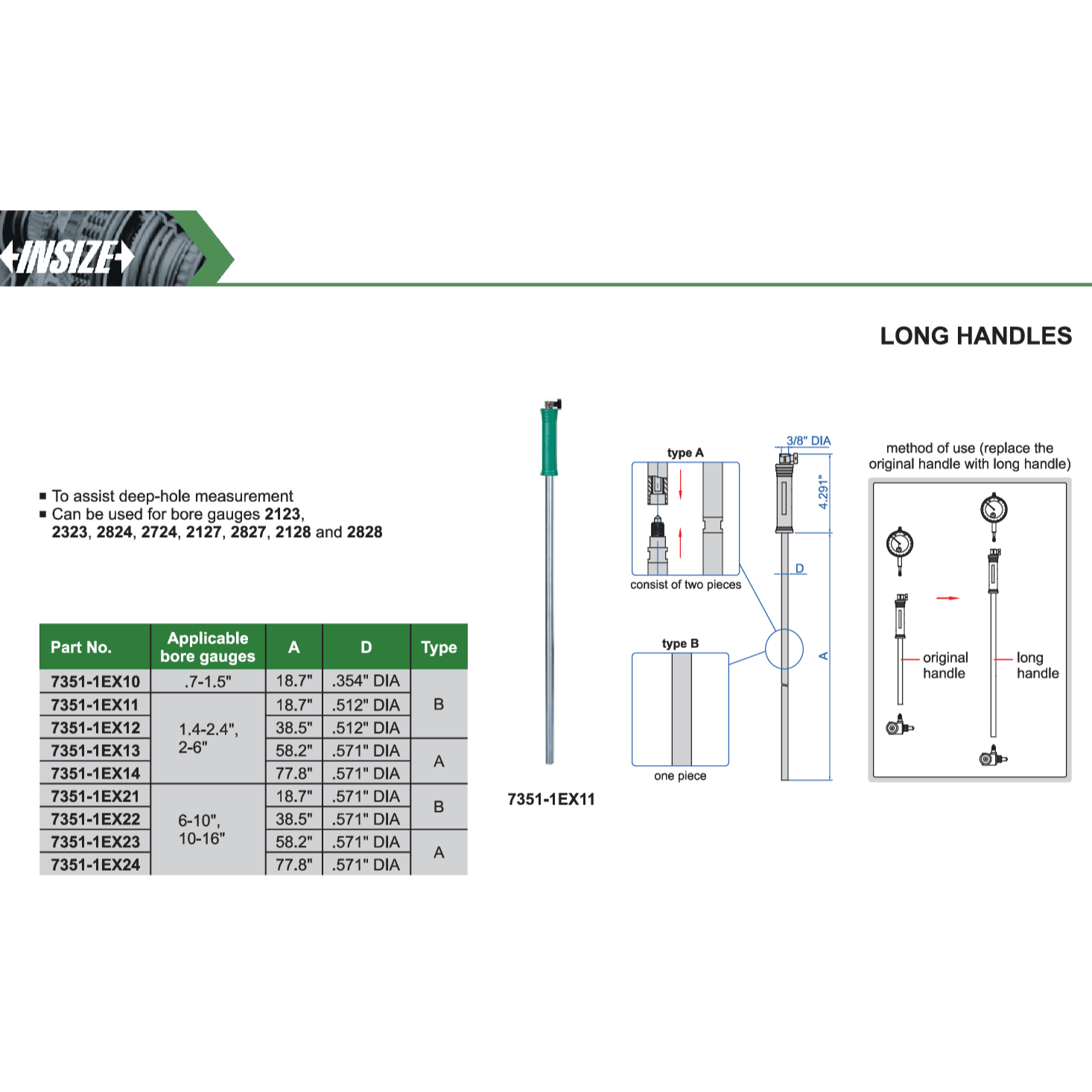 INSIZE Measuring Equipment Insize Long Handle 18.7″ × 0.571″ Series 7351-1EX21