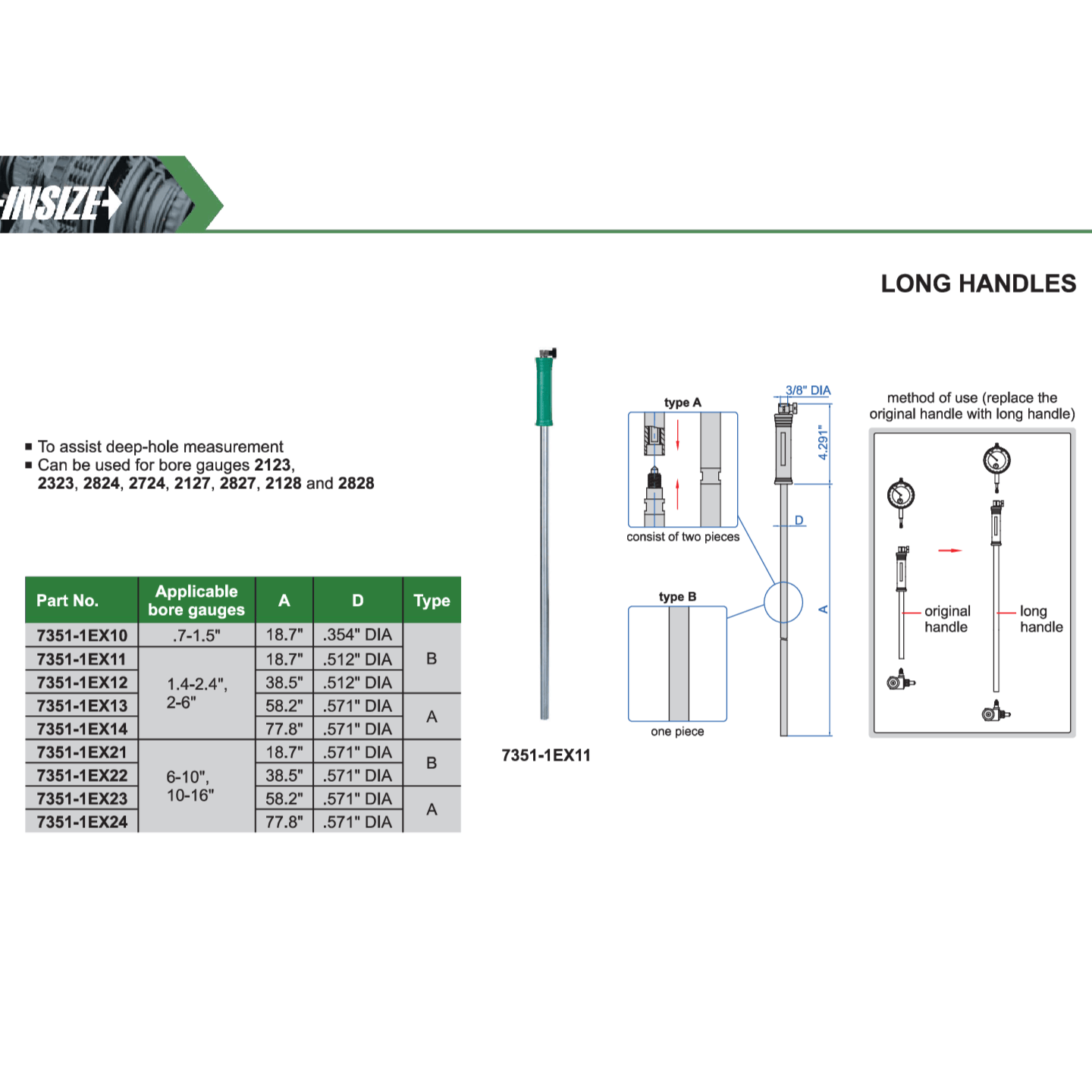 INSIZE Measuring Equipment Insize Long Handle 38.5″ × 0.512″ Series 7351-1EX12