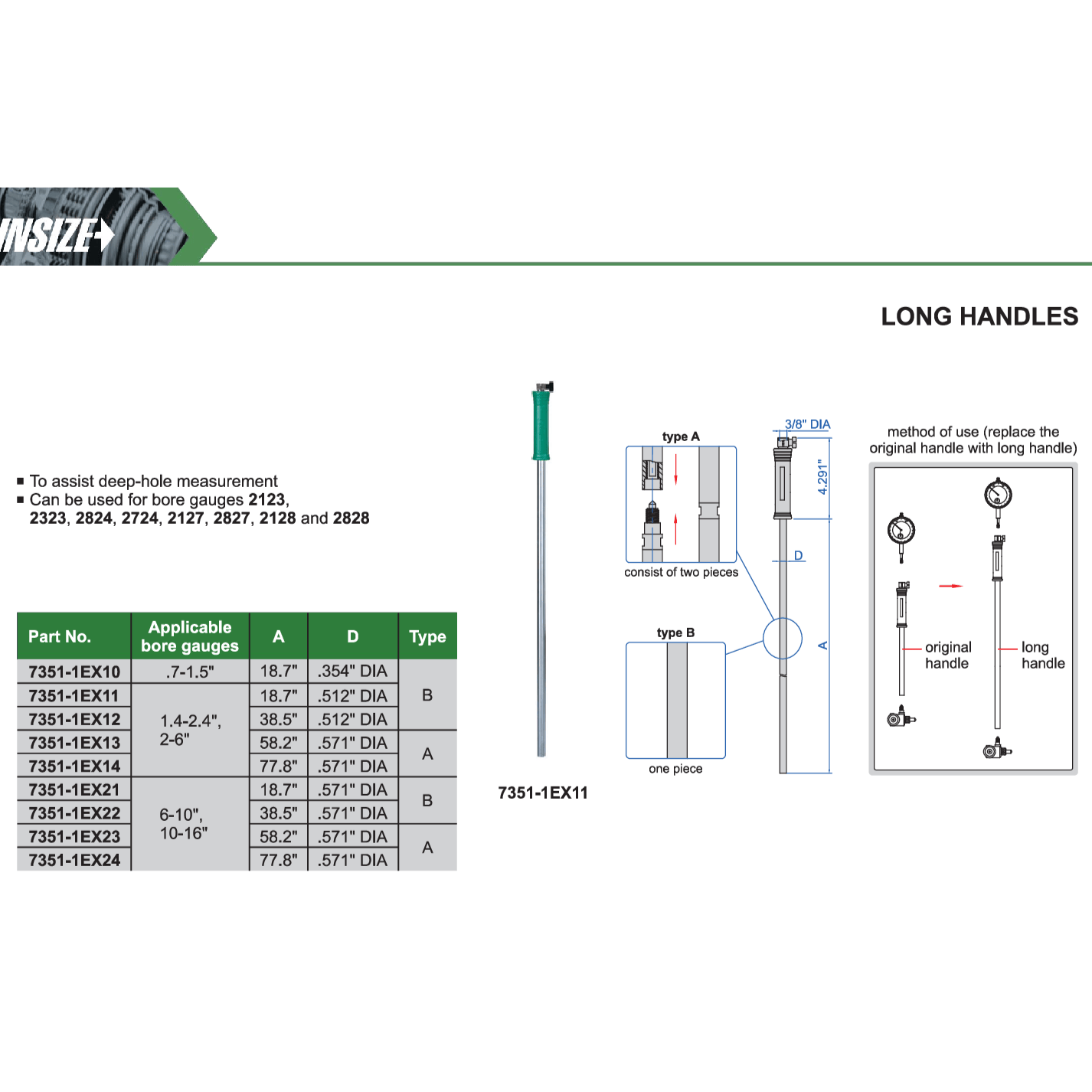 INSIZE Measuring Equipment Insize Long Handle 58.2″ × 0.571″ Series 7351-1EX13