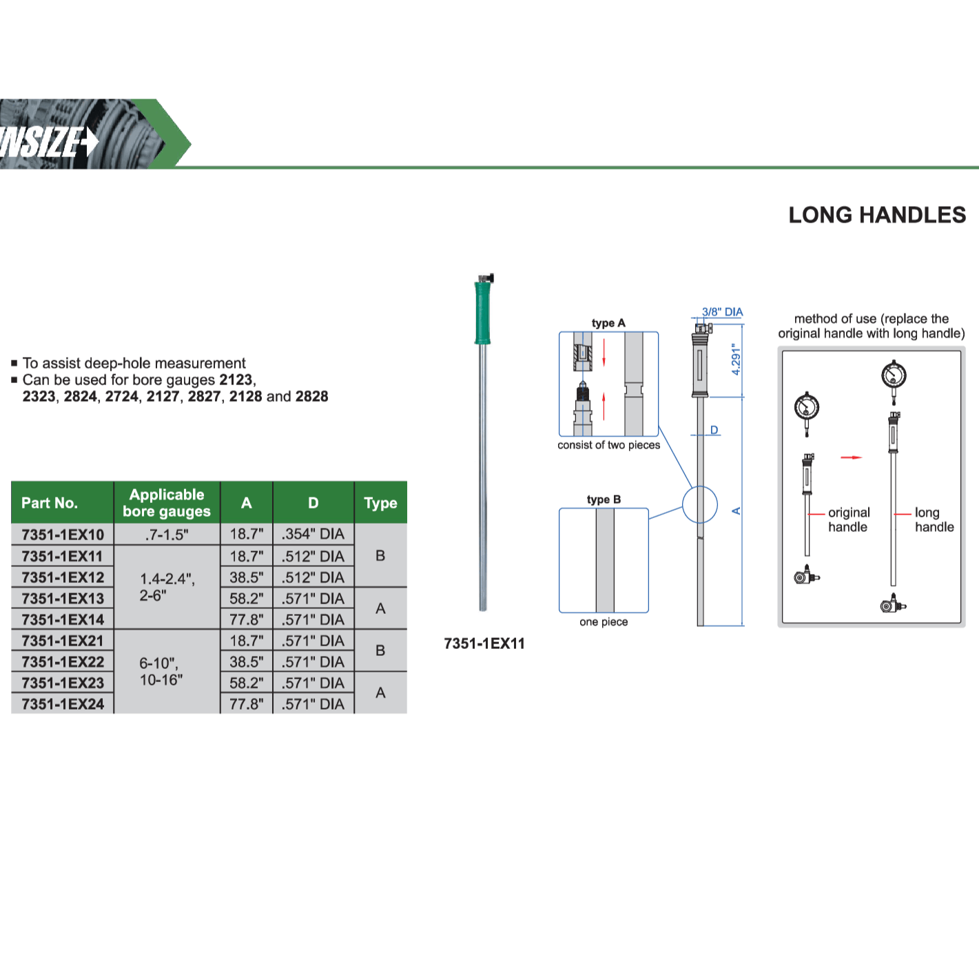 INSIZE Measuring Equipment Insize Long Handle 77.8″ × 0.571″ Series 7351-1EX14