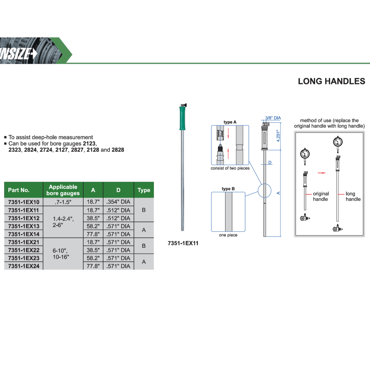 INSIZE Measuring Equipment Insize Long Handle 77.8″ × 0.571″ Series 7351-1EX14